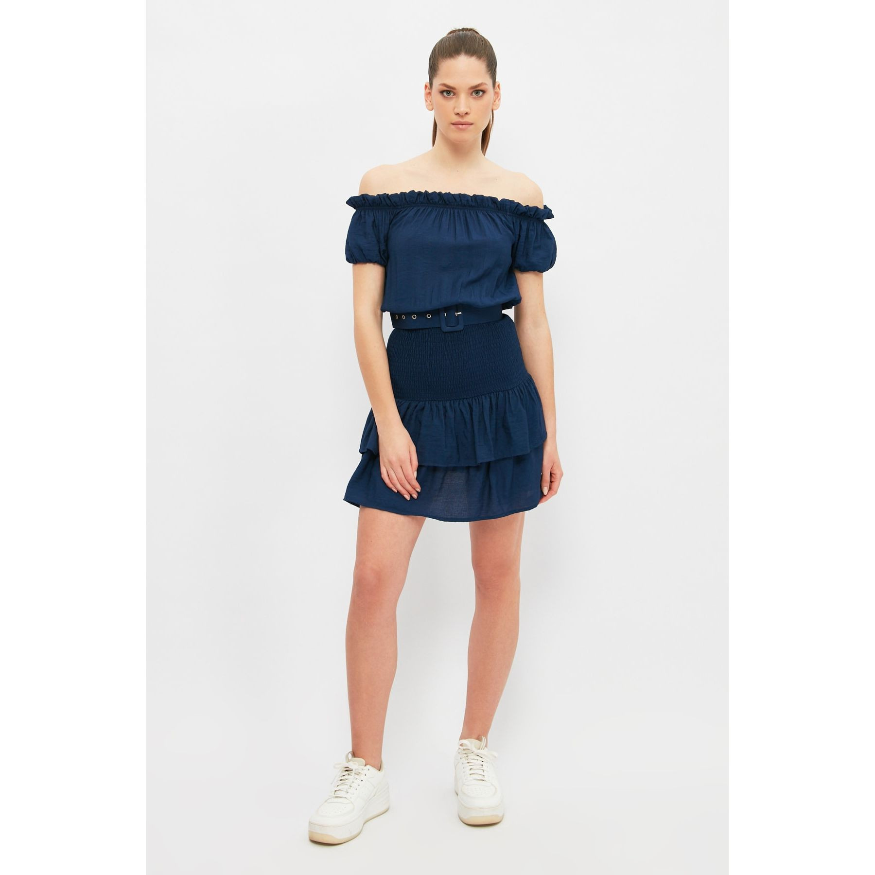 Trendyol Short Sleeves Off Shoulder Neck Woven Mini Dress with Belted-women-clothing-dresses-image-1