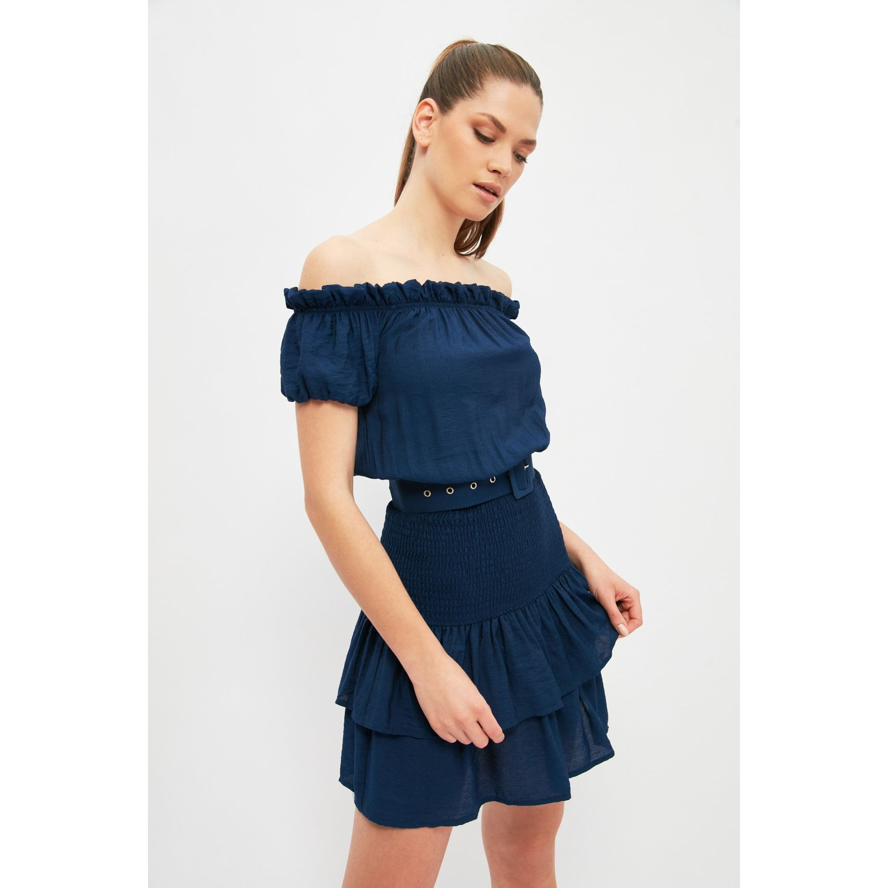 Trendyol Short Sleeves Off Shoulder Neck Woven Mini Dress with Belted-women-clothing-dresses-image-3