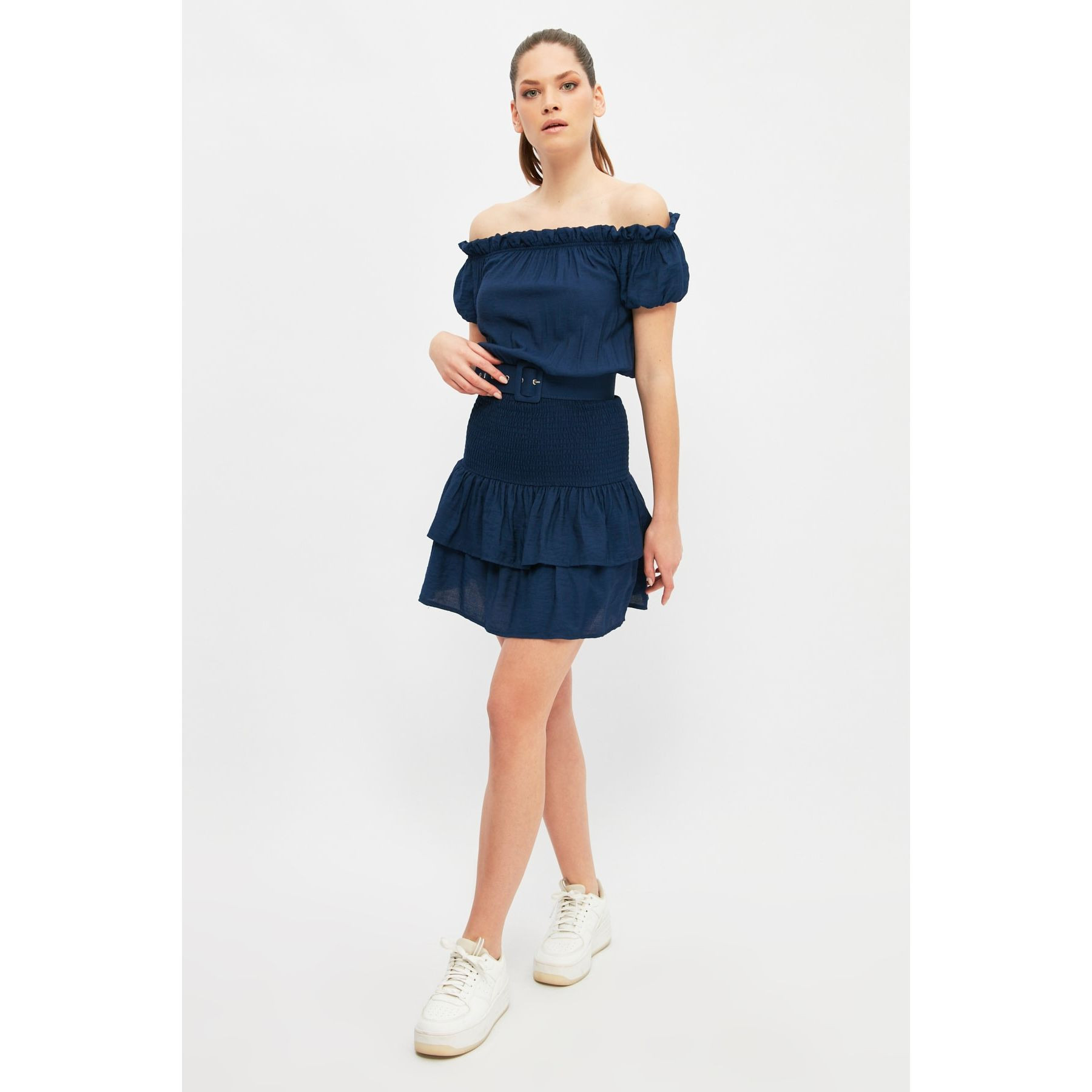 Trendyol Short Sleeves Off Shoulder Neck Woven Mini Dress with Belted-women-clothing-dresses-image-4