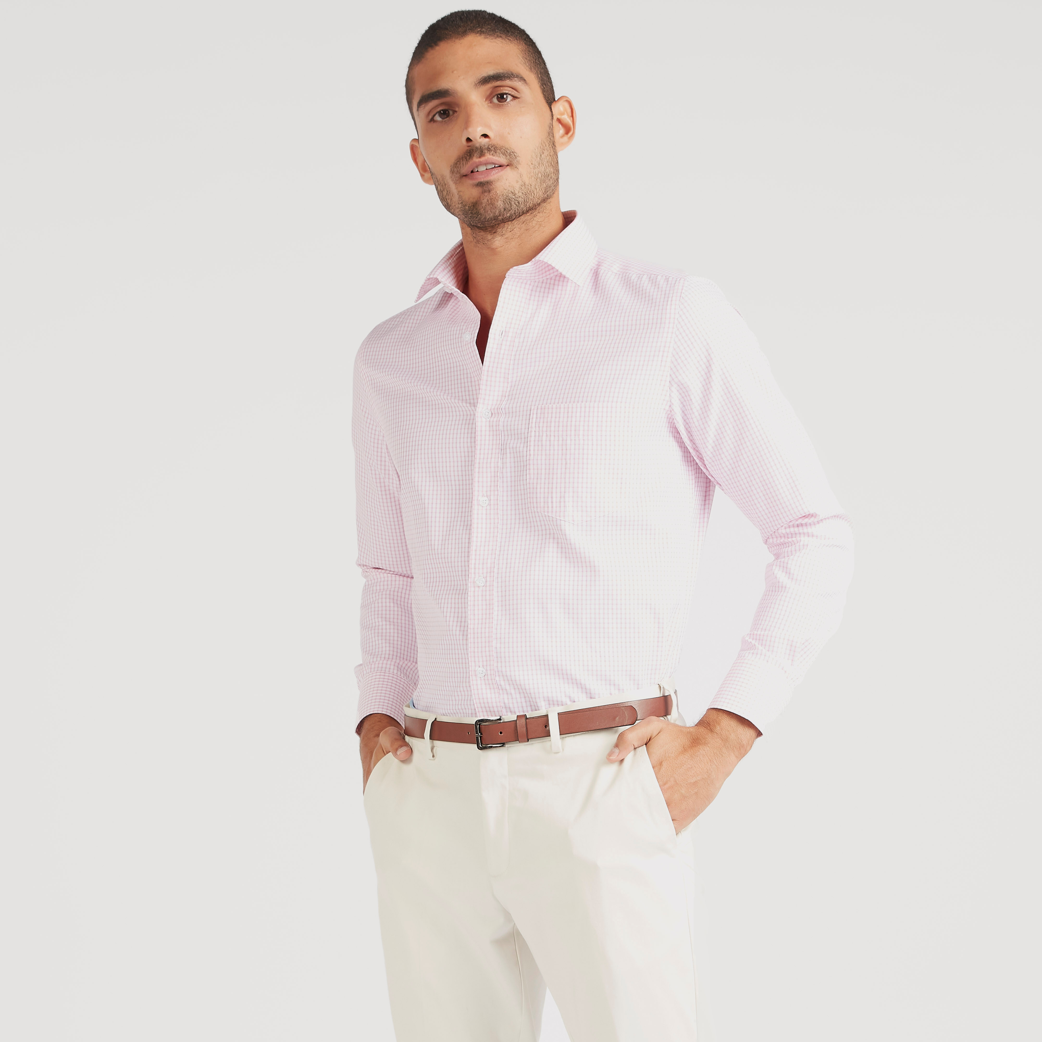 قميص كاروهات بزر سفلي وأكمام طويلة وجيب على الصدر-men-clothing-shirts-image-5