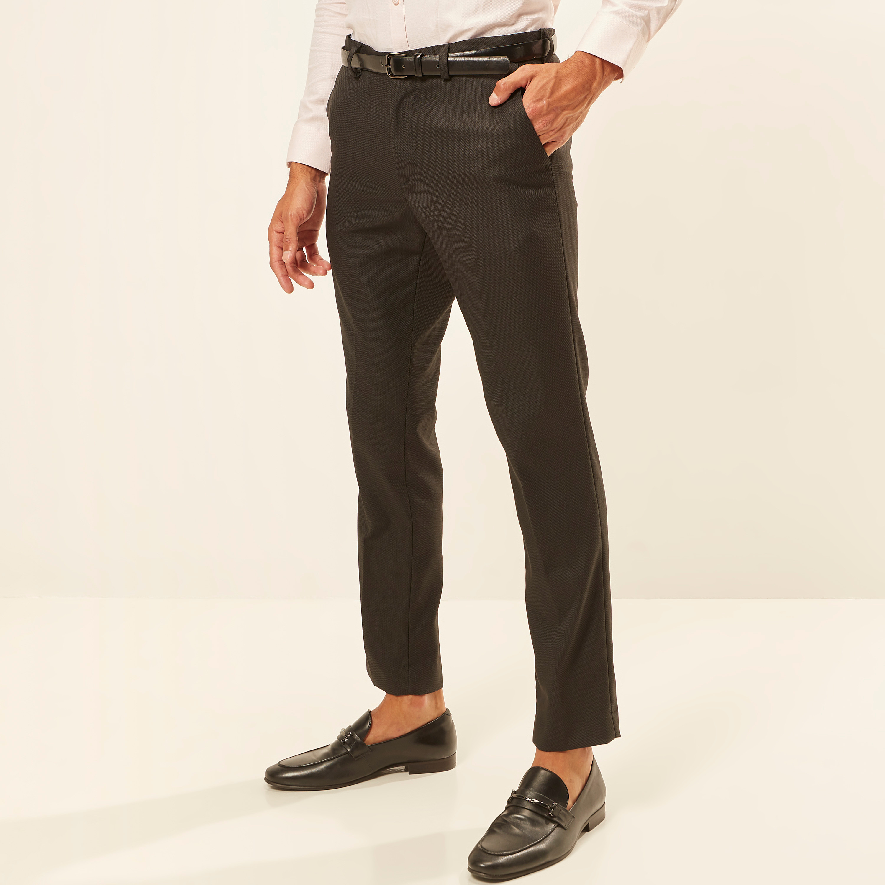 Textured Full Length Trousers with Pockets and Belt-men-clothing-trousersandchinos-trousers-image-1