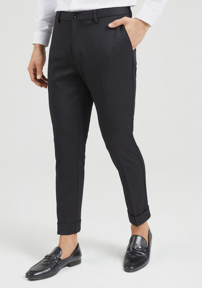 Solid Slim Fit Trousers with Button Closure and Pockets-Pants-image-0
