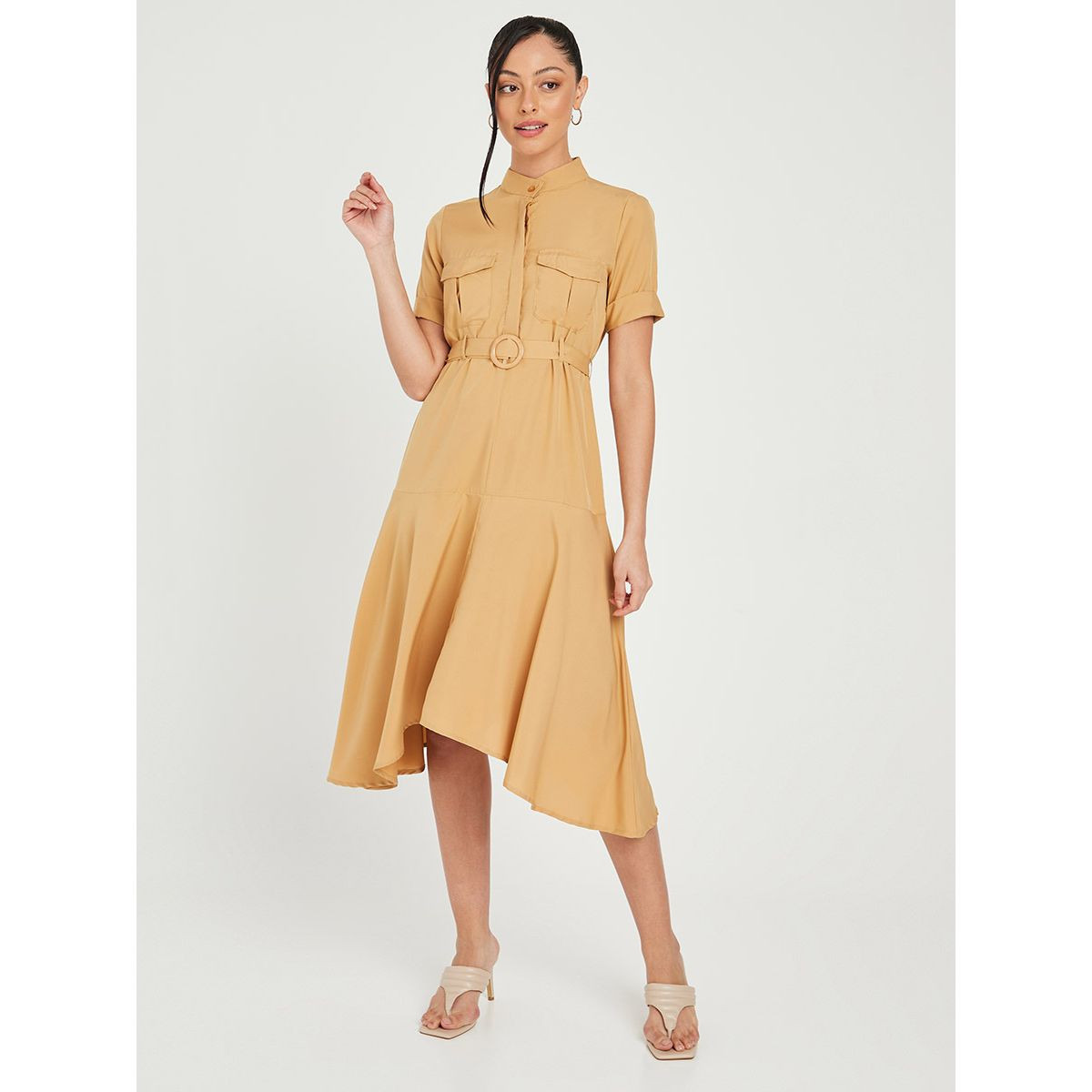 Styli Roll-Up Sleeves Self Belt Skater Midi Dress with Asymmetric Hem-women-clothing-dresses-image-1