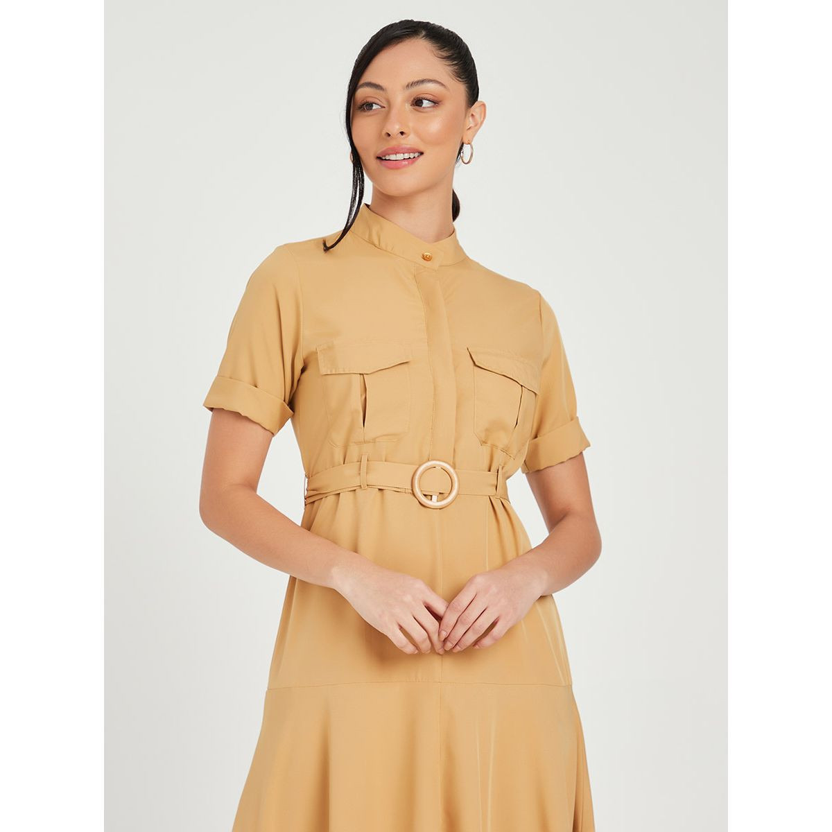 Styli Roll-Up Sleeves Self Belt Skater Midi Dress with Asymmetric Hem-women-clothing-dresses-image-2