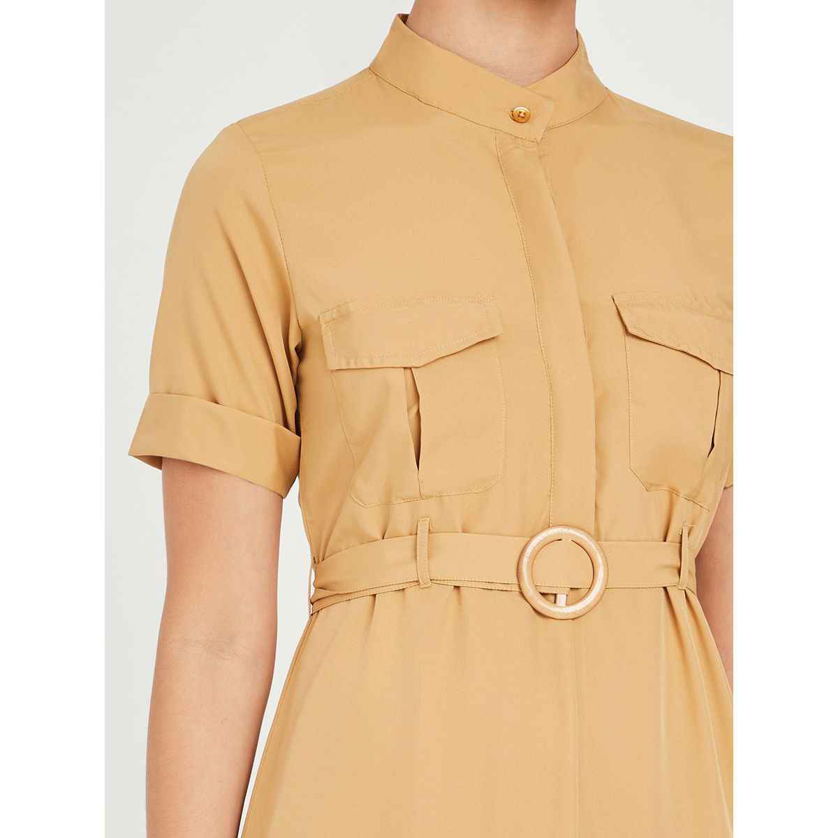 Styli Roll-Up Sleeves Self Belt Skater Midi Dress with Asymmetric Hem-women-clothing-dresses-image-3