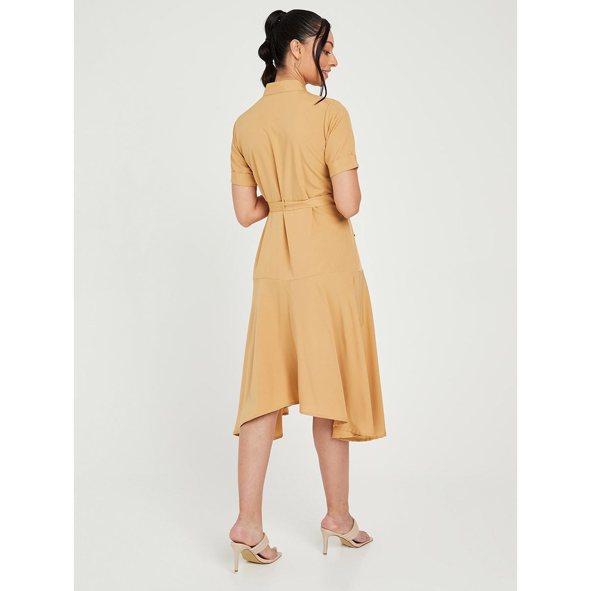 Styli Roll-Up Sleeves Self Belt Skater Midi Dress with Asymmetric Hem-women-clothing-dresses-image-4
