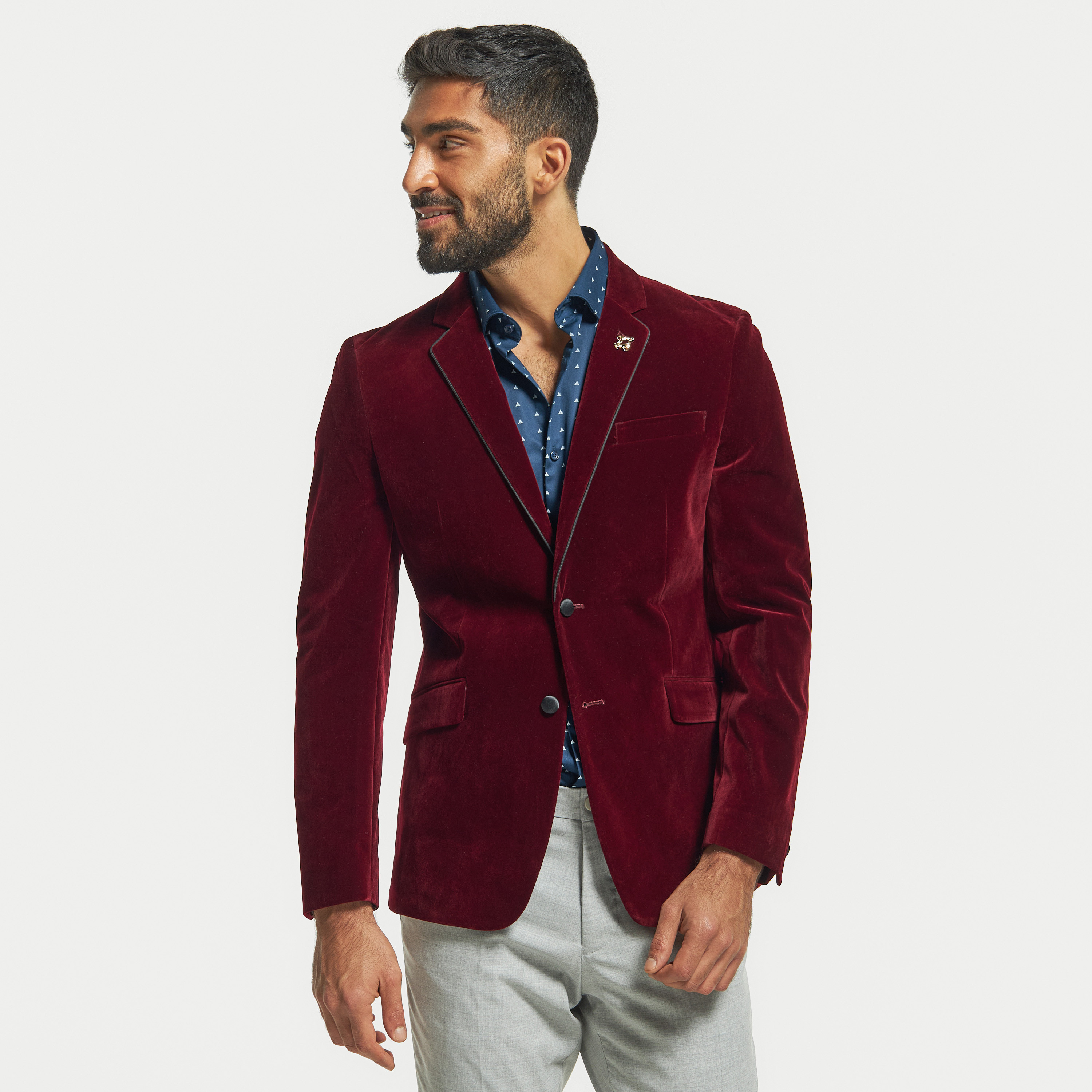 Solid Velvet Blazer with Notched Lapel Collar and Long Sleeves