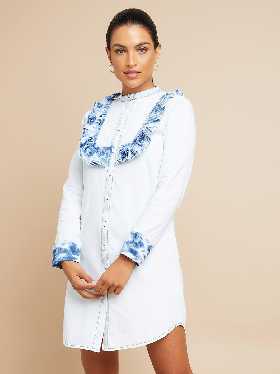 Styli Long Sleeves Mandarin Collar Ruffle Mini Shirt Dress-women-clothing-dresses-image-1