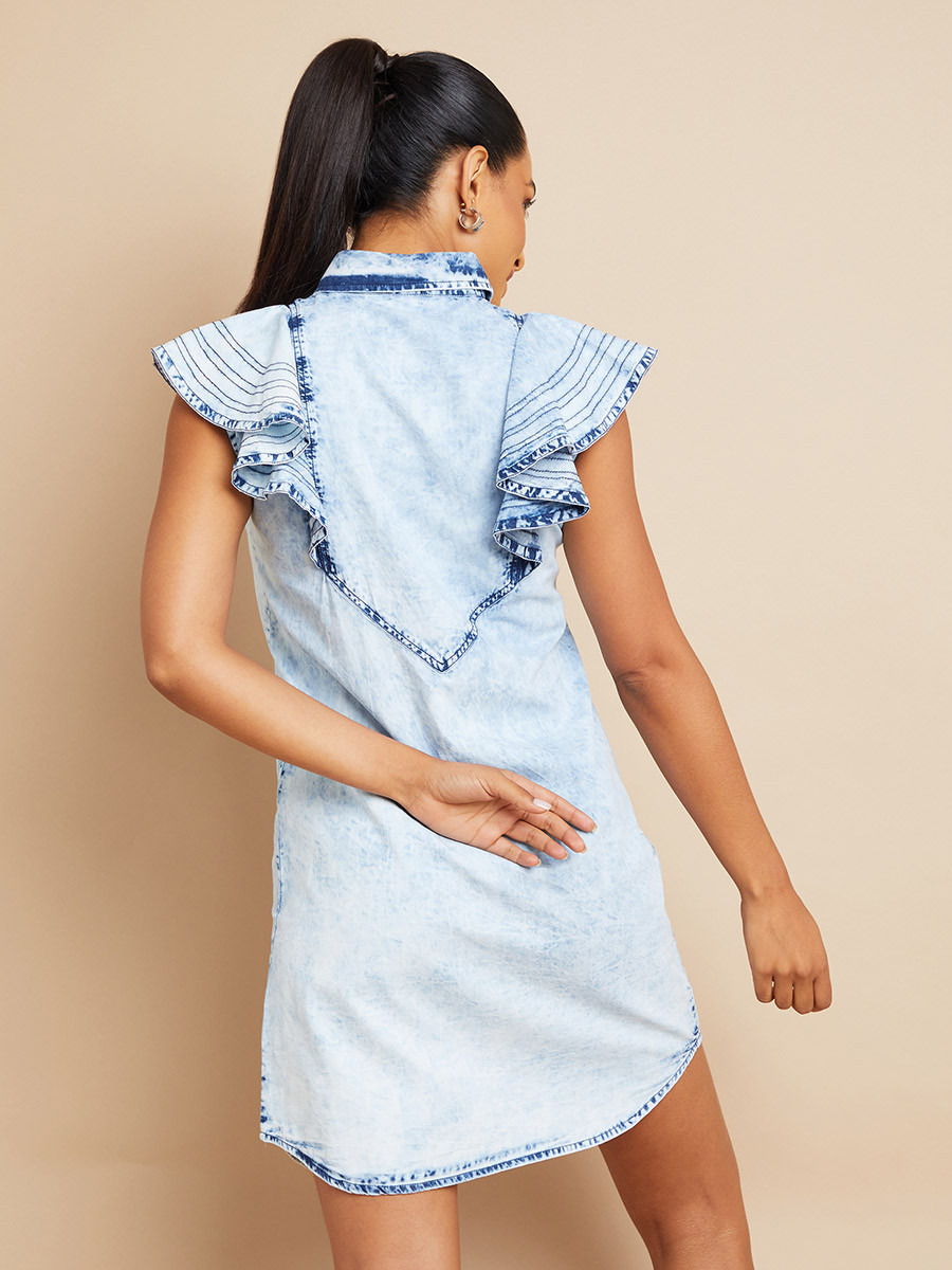 Styli Sleeveless Ruffle Detail Denim Shirt Mini Dress with Button Closure-women-clothing-dresses-image-4