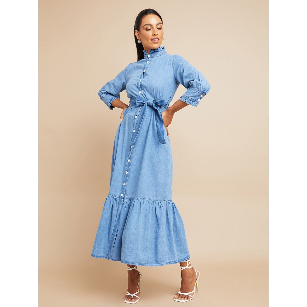 Styli 3/4 Sleeves Button Through High Neck Denim Shirt Maxi Dress-women-clothing-dresses-image-1