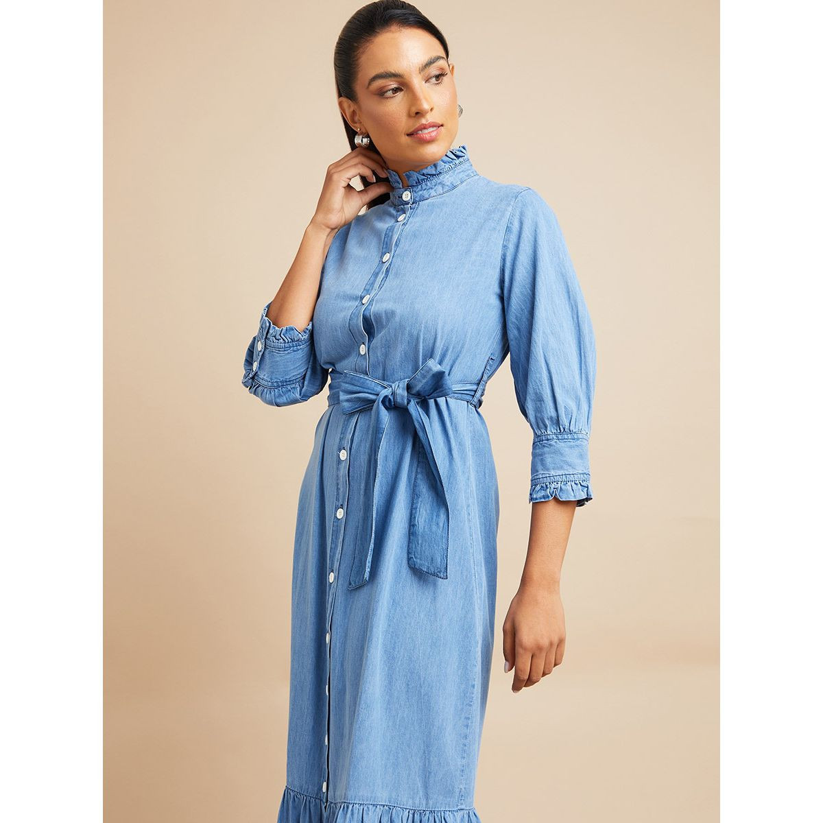 Styli 3/4 Sleeves Button Through High Neck Denim Shirt Maxi Dress-women-clothing-dresses-image-2