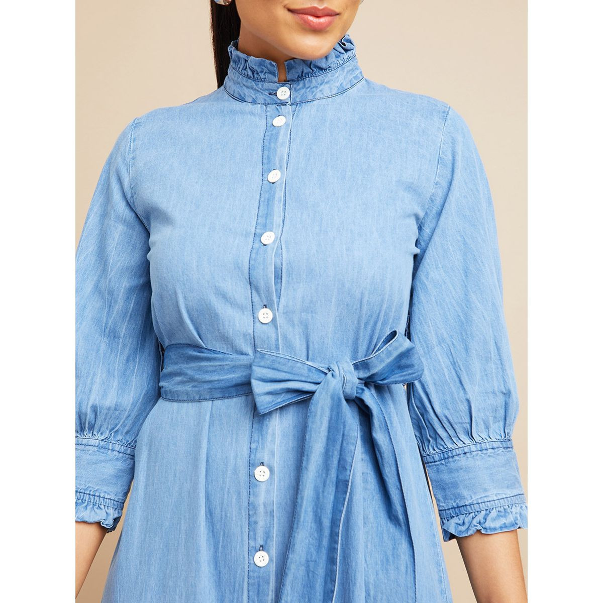 Styli 3/4 Sleeves Button Through High Neck Denim Shirt Maxi Dress-women-clothing-dresses-image-3