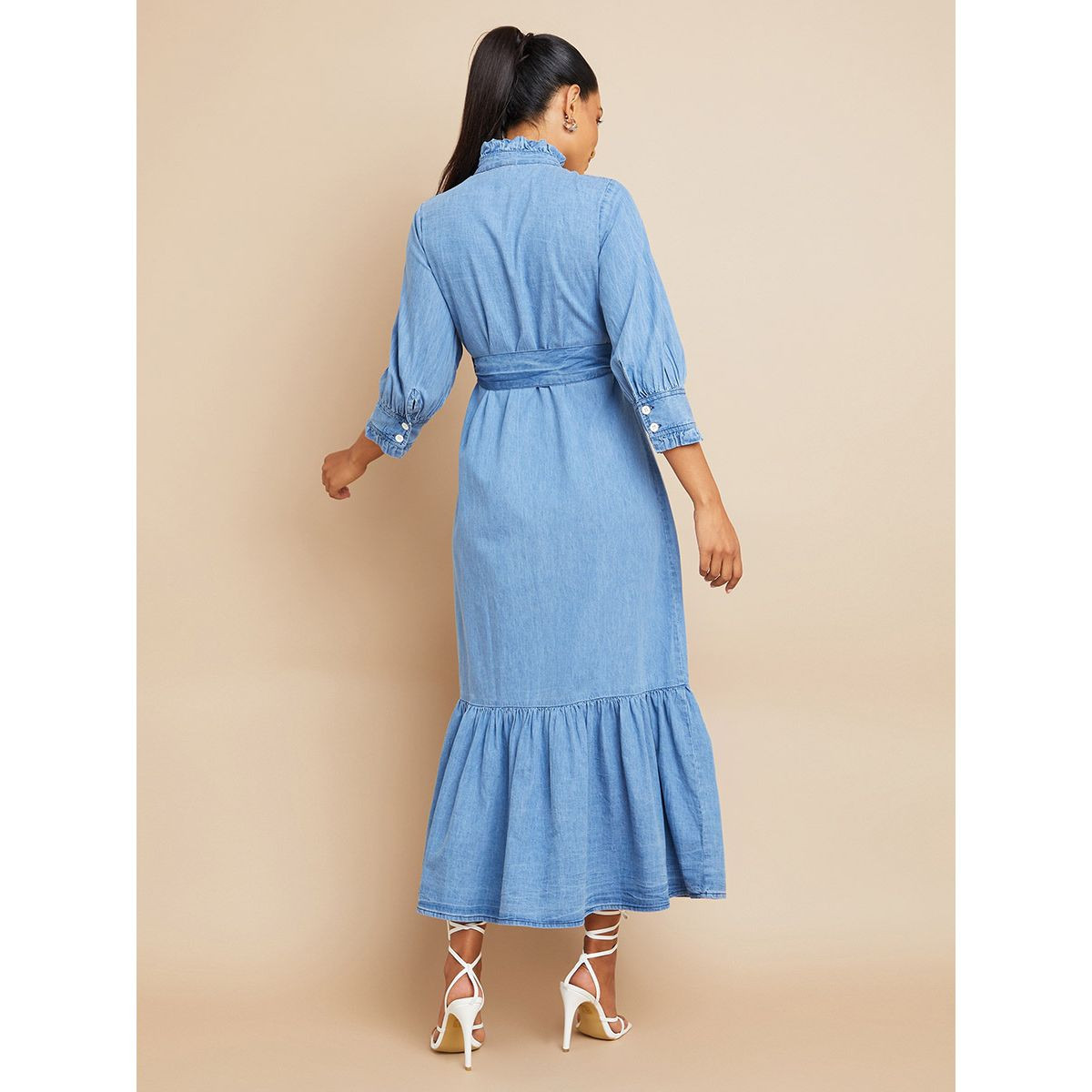 Styli 3/4 Sleeves Button Through High Neck Denim Shirt Maxi Dress-women-clothing-dresses-image-4