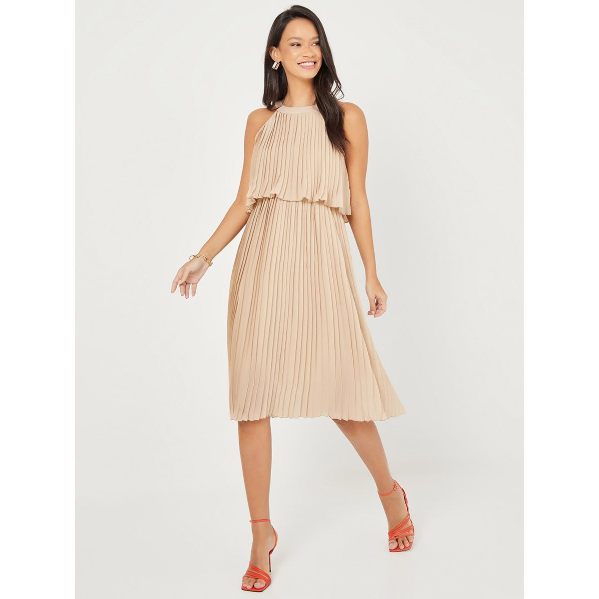 Styli Sleeveless Halter Neck Pleated A-Line Midi Dress-women-clothing-dresses-image-1