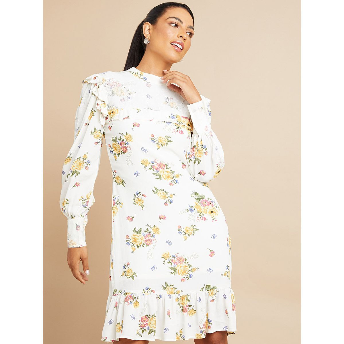 Styli Cuffed Sleeves Floral Print Knee Length Dress with Lace Insert-women-clothing-dresses-image-1