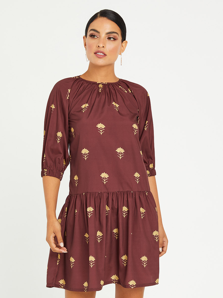 Styli 3/4 Sleeves Floral Print Knee Length Dress-women-clothing-dresses-image-1