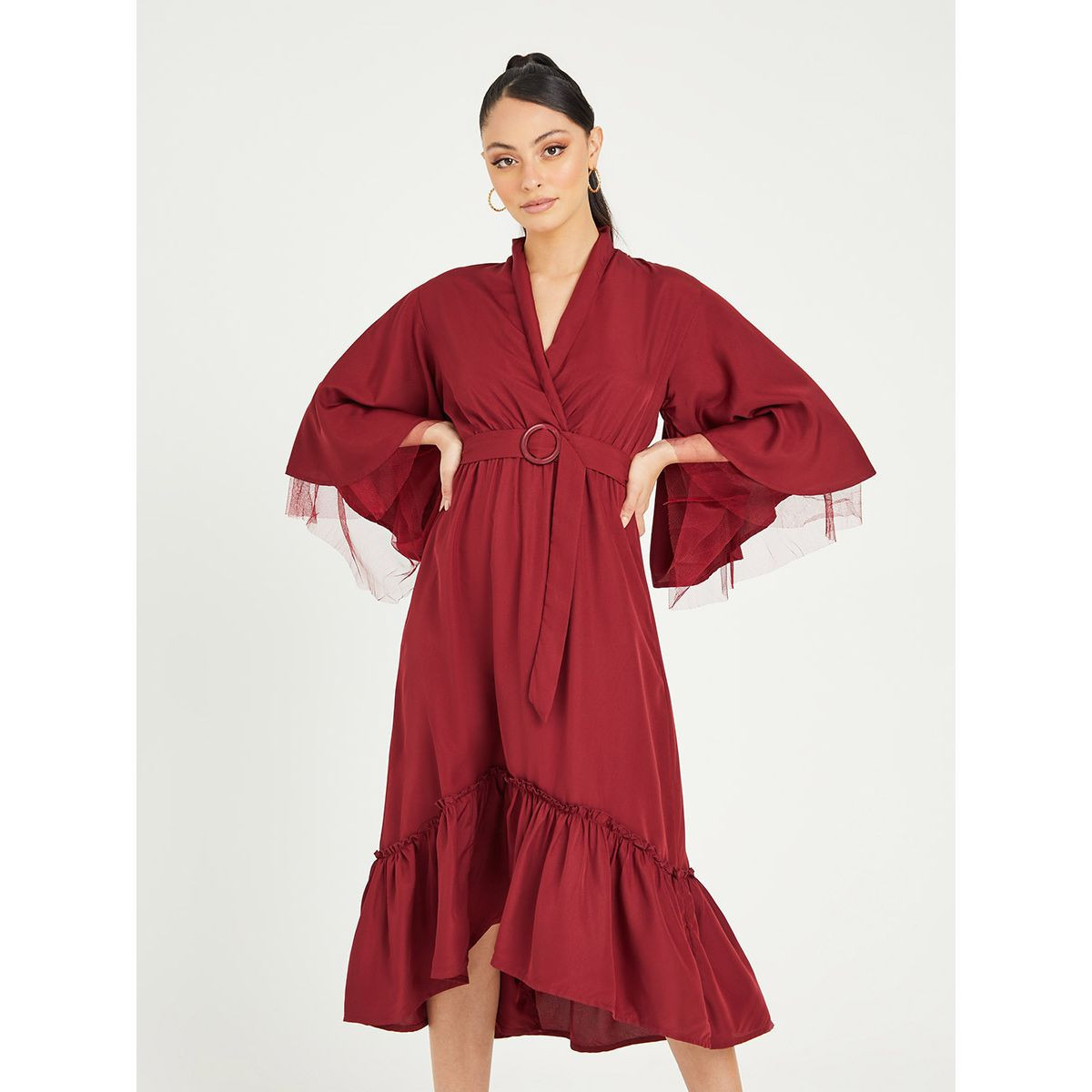 Styli 3/4 Sleeves V Neck Midi Dress with Waist Belt-women-clothing-dresses-image-2