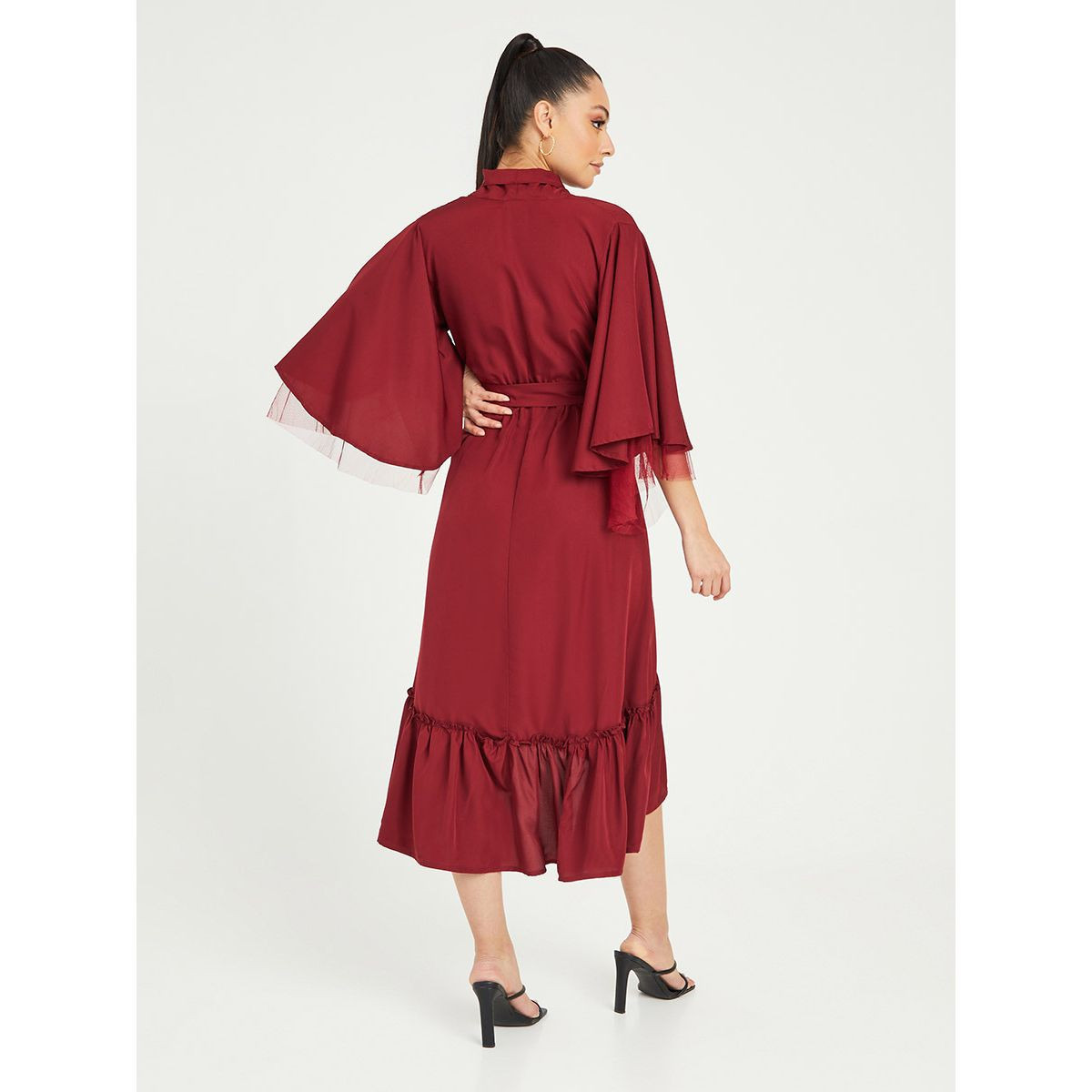 Styli 3/4 Sleeves V Neck Midi Dress with Waist Belt-women-clothing-dresses-image-4