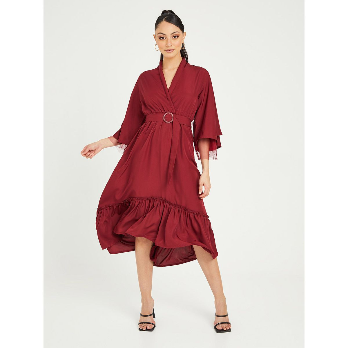 Styli 3/4 Sleeves V Neck Midi Dress with Waist Belt-women-clothing-dresses-image-5