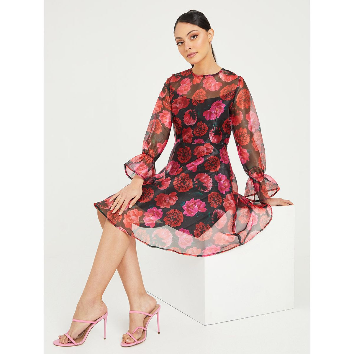 Styli Long Sleeves Floral Print Organza Knee Length Dress-women-clothing-dresses-image-1