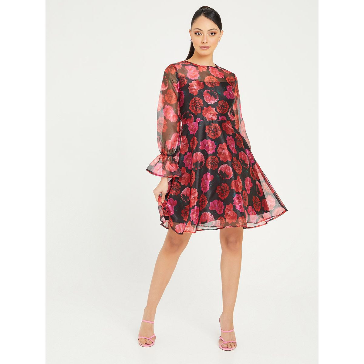 Styli Long Sleeves Floral Print Organza Knee Length Dress-women-clothing-dresses-image-2