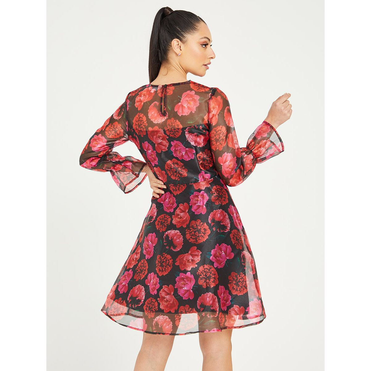 Styli Long Sleeves Floral Print Organza Knee Length Dress-women-clothing-dresses-image-4