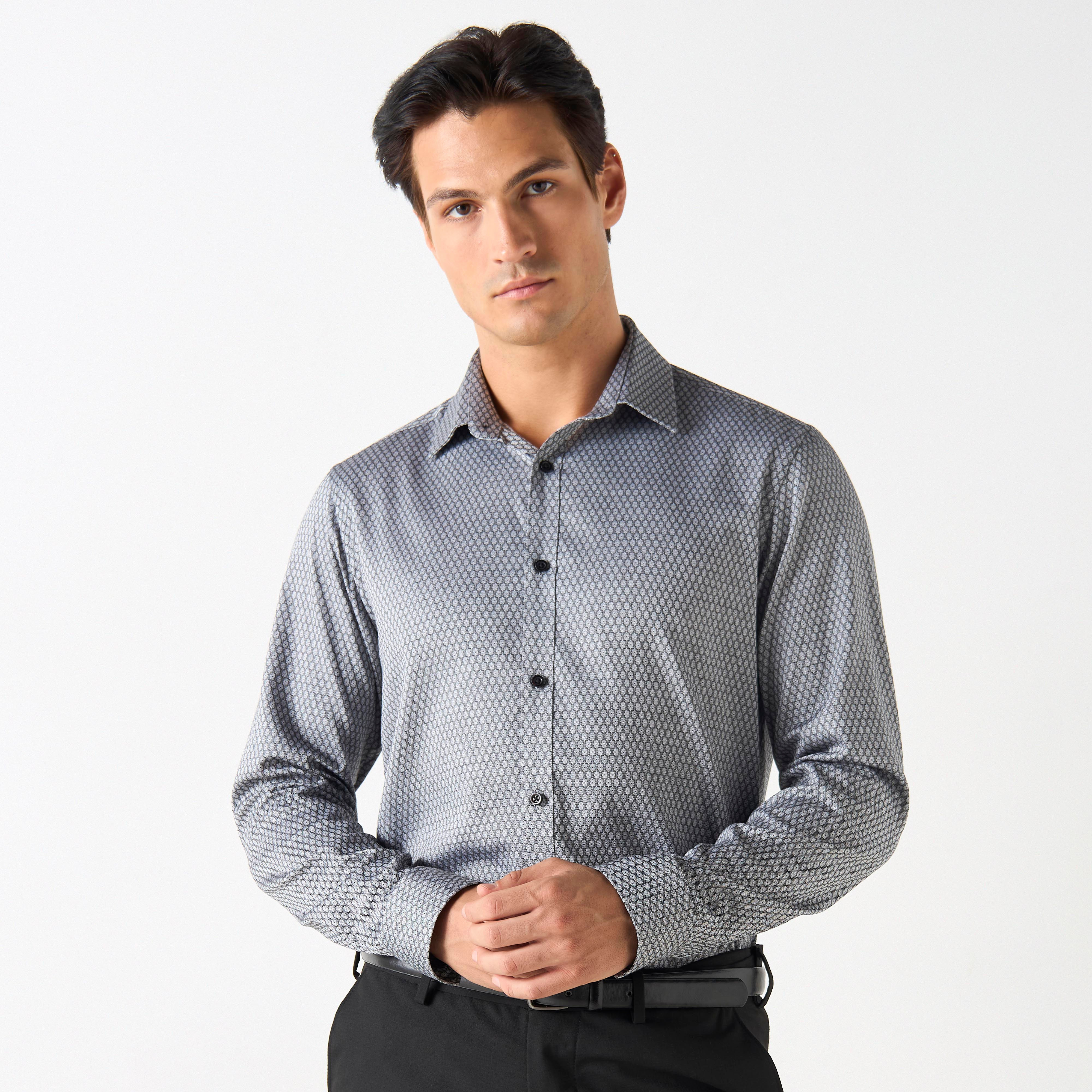 Buy Men s Textured Slim Fit Formal Shirt with Long Sleeves Online Centrepoint UAE