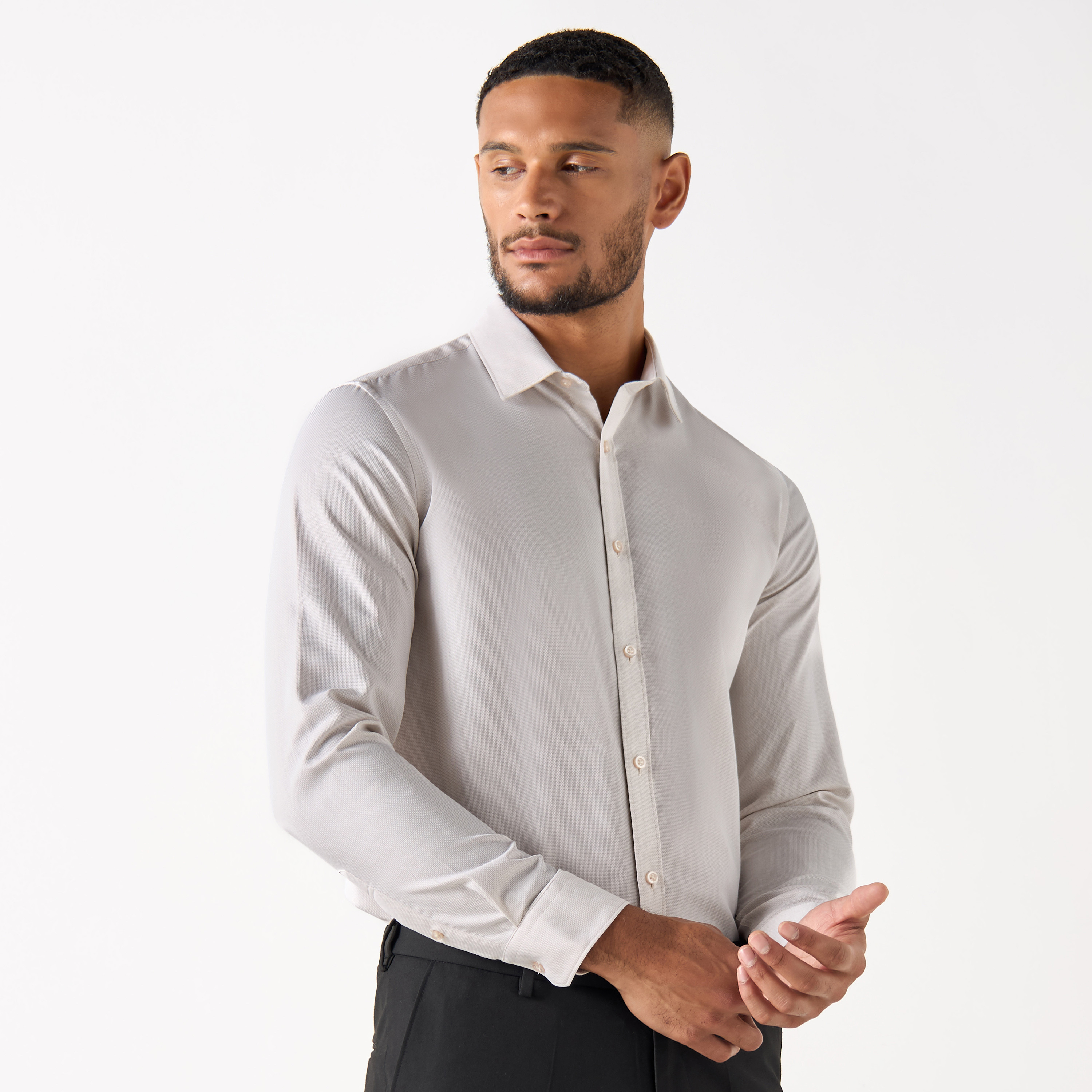 Textured Slim Fit Shirt with Collar and Long Sleeves