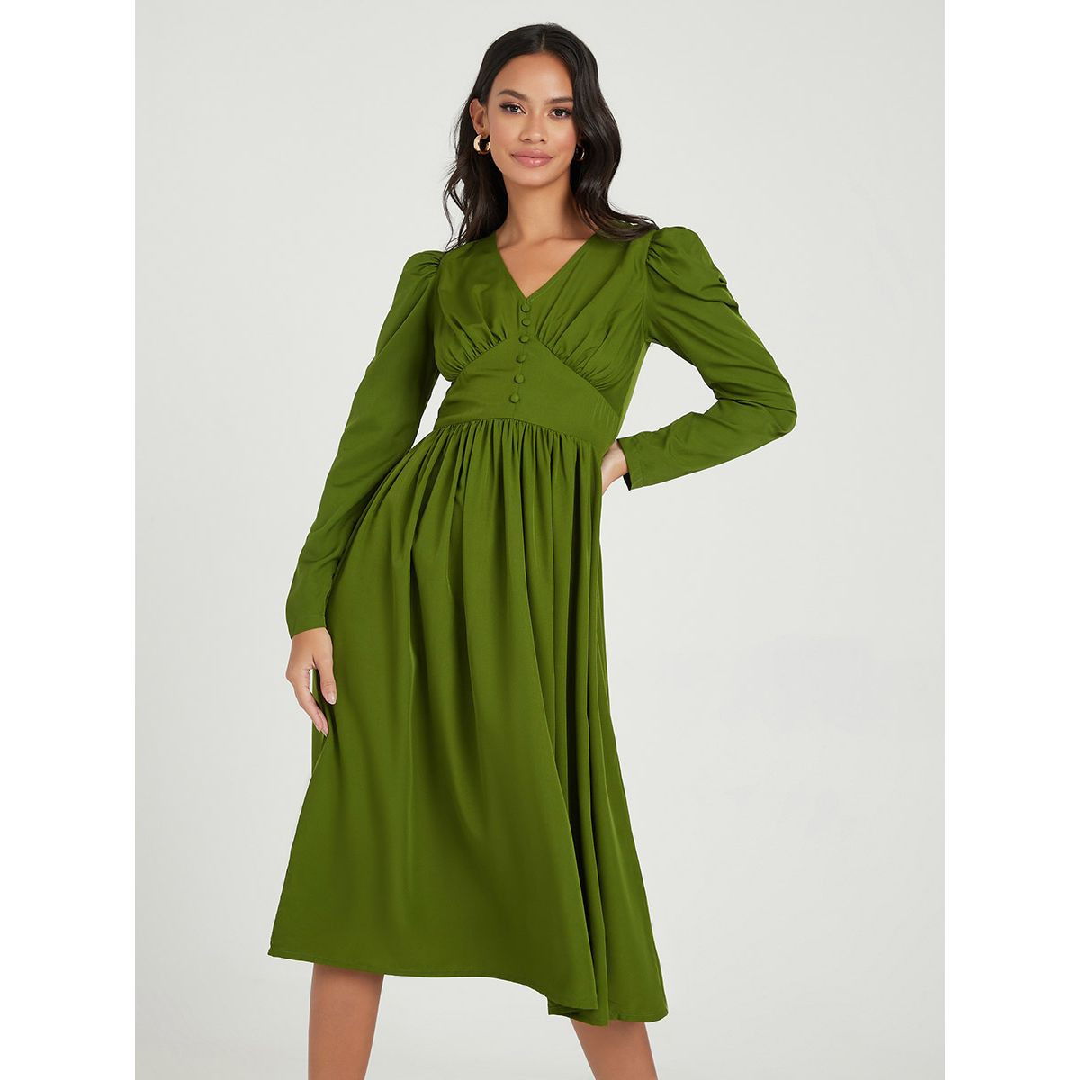 Styli Long Sleeves V Neck Button Detail Midi Dress-women-clothing-dresses-image-1
