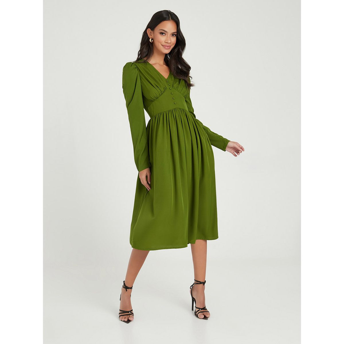 Styli Long Sleeves V Neck Button Detail Midi Dress-women-clothing-dresses-image-2
