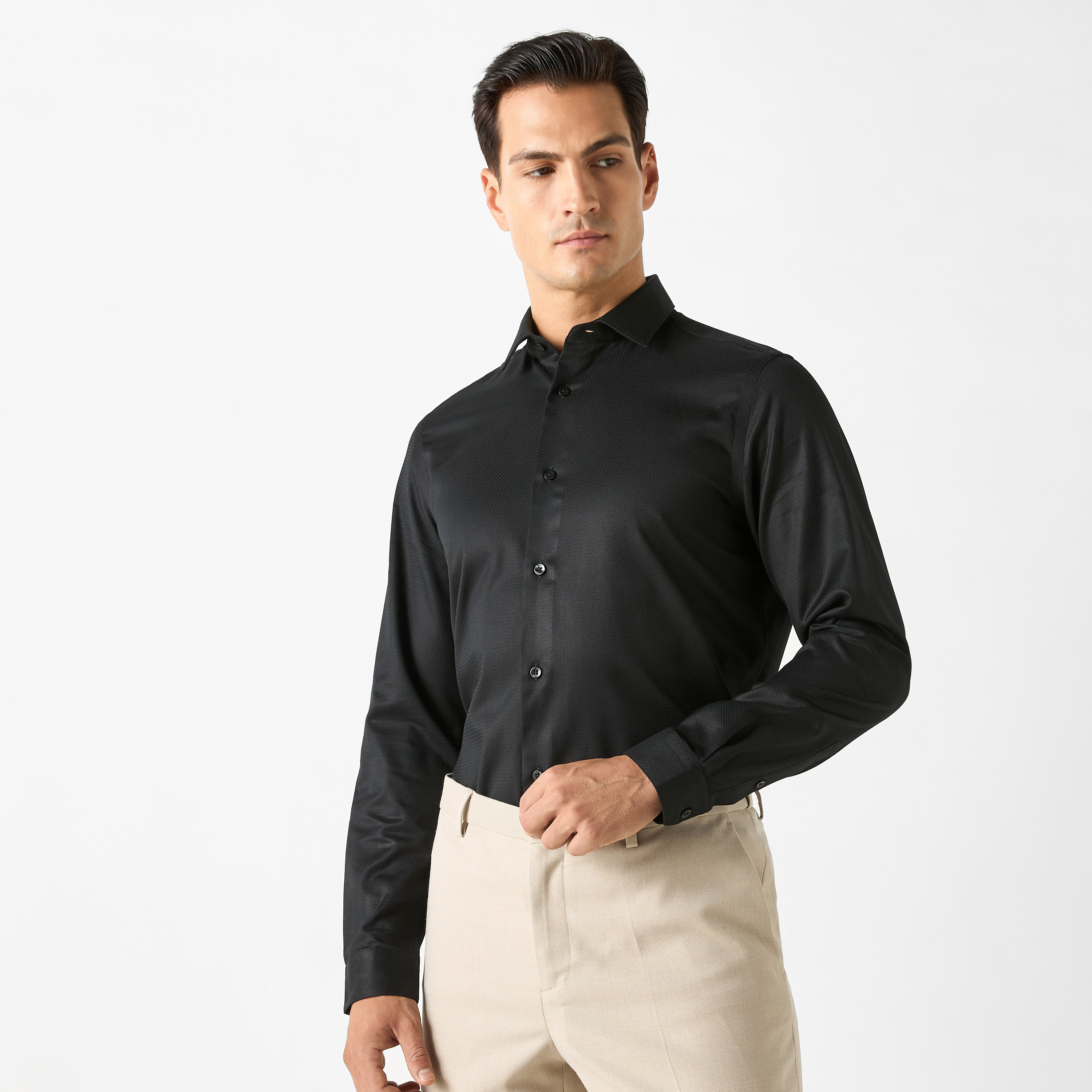 Regular Fit Textured Shirt with Collar and Long Sleeves-men-clothing-shirts-image-11