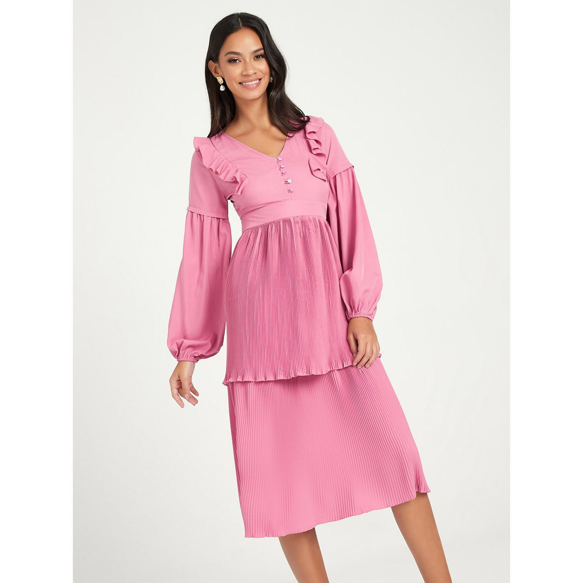 Styli Long Sleeves Pleated Midi Dress with Ruffle Detail-women-clothing-dresses-image-1