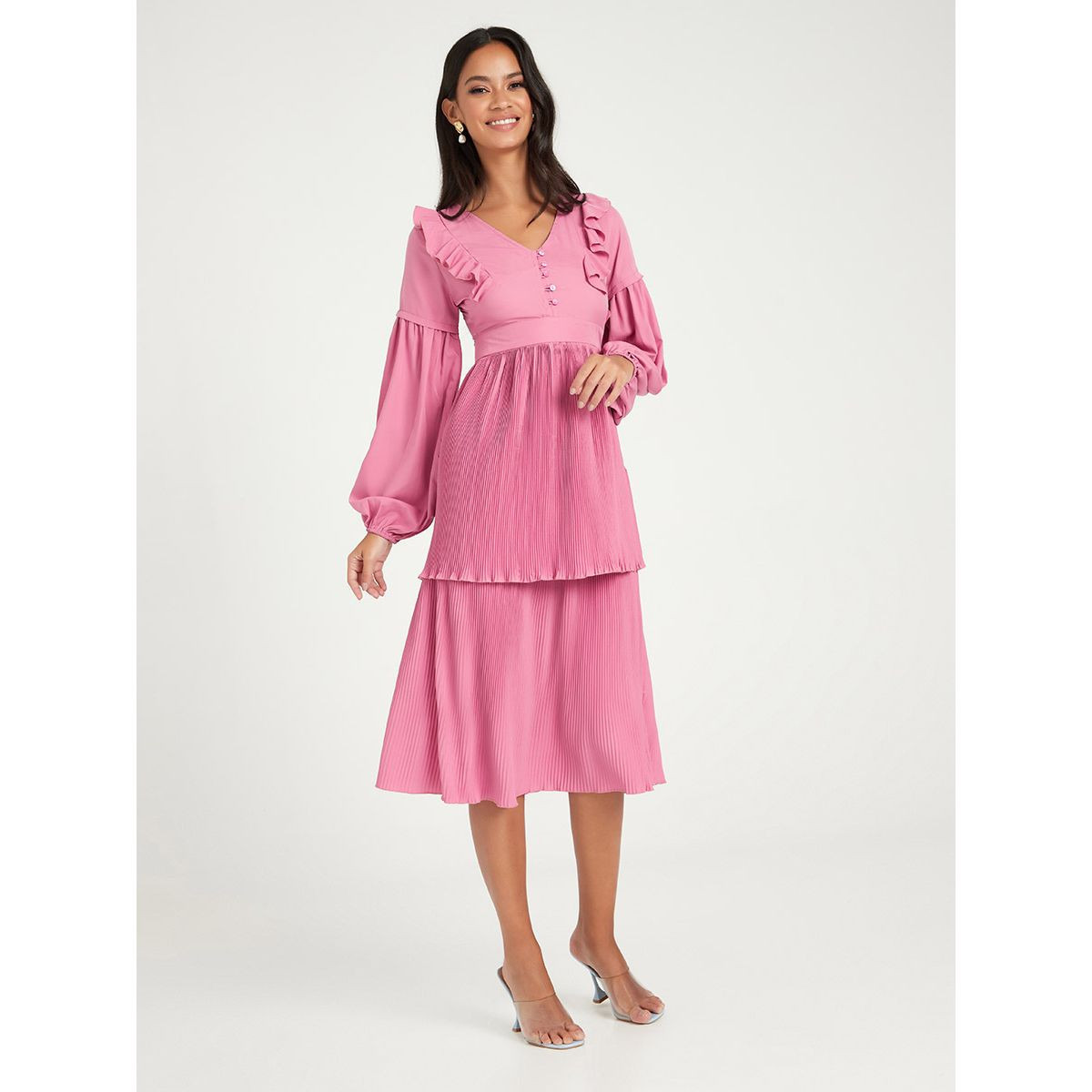 فستان ميدي باكمام طويلة وكشكش-women-clothing-dresses-image-2