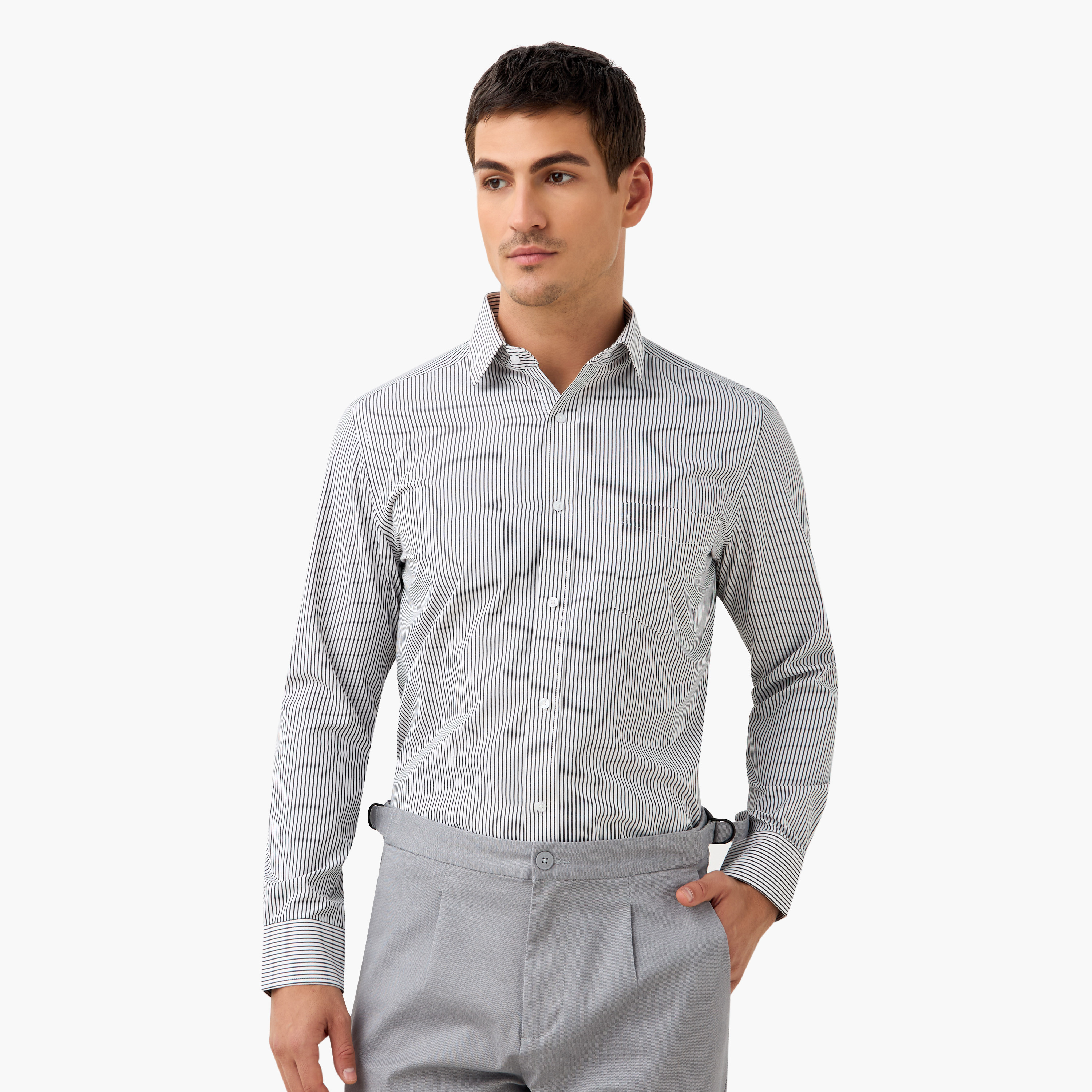 Regular Fit Striped Shirt with Chest Pocket and Long Sleeves-men-clothing-shirts-image-1