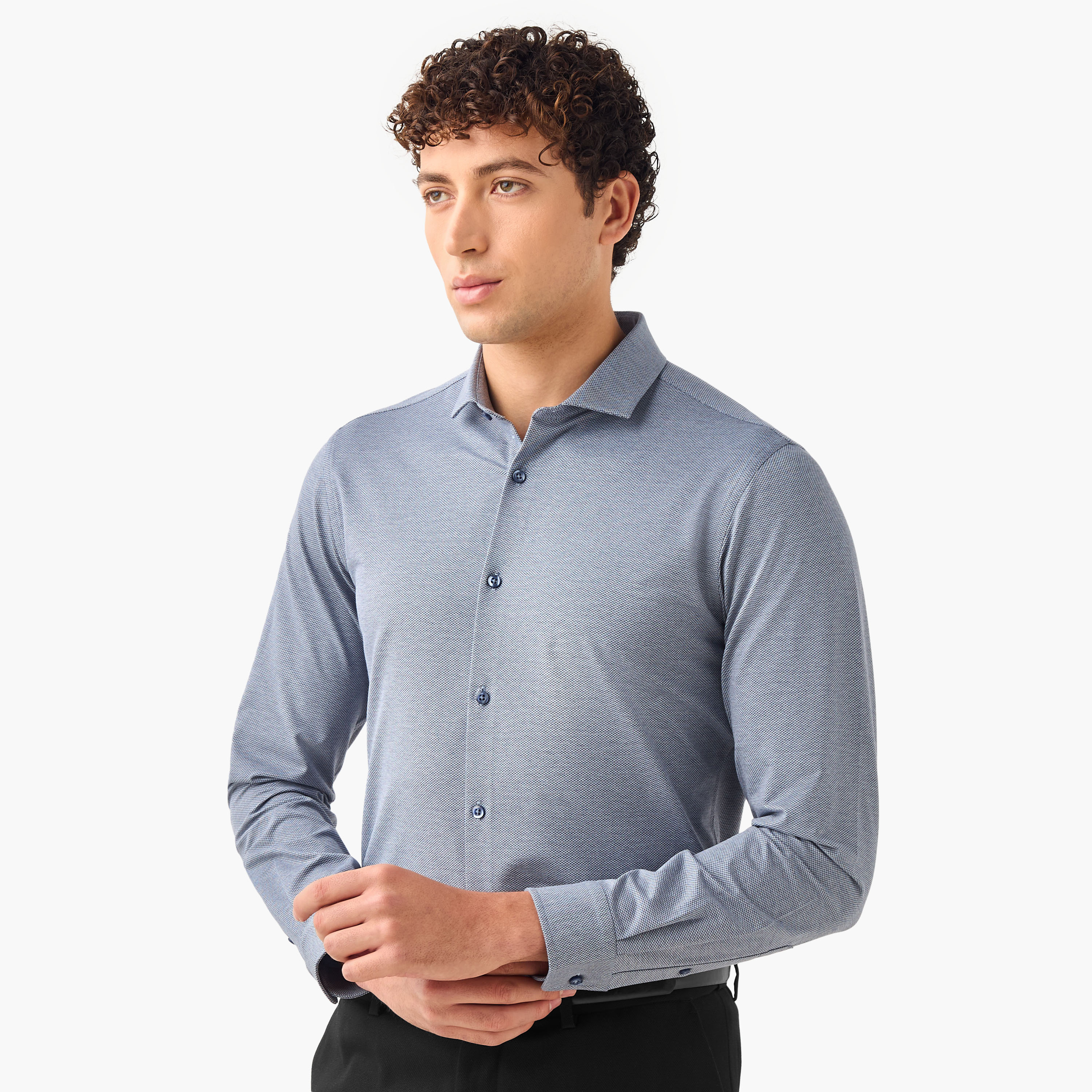 Slim Fit Textured Shirt with Collar and Long Sleeves-men-clothing-shirts-image-1