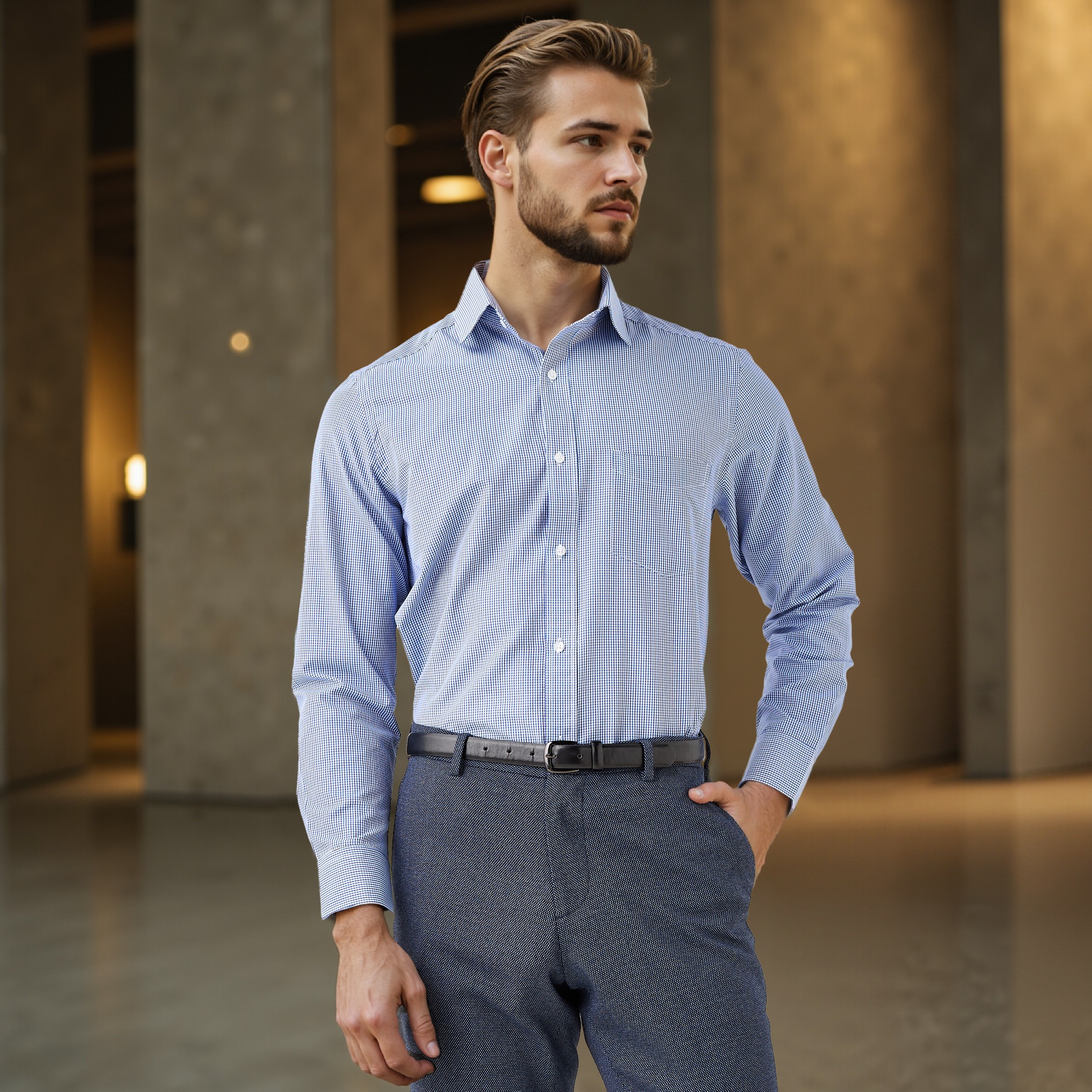 Regular Fit Checked Collared Shirt with Chest Pocket-men-clothing-shirts-image-1