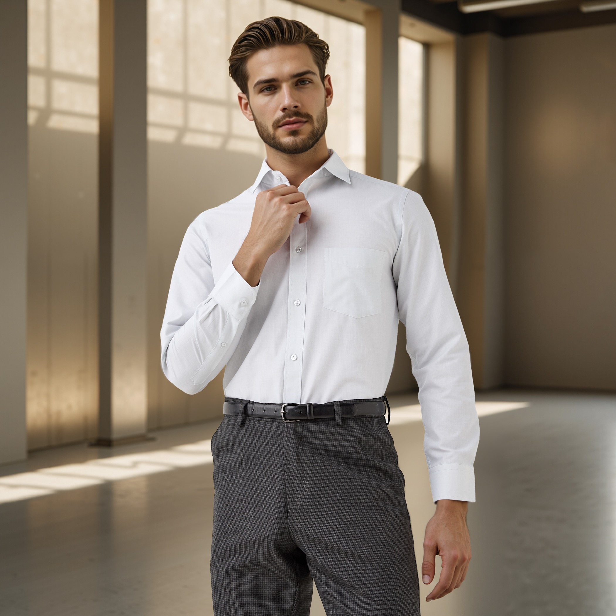 Regular Fit Checked Collared Shirt with Chest Pocket-men-clothing-shirts-image-1