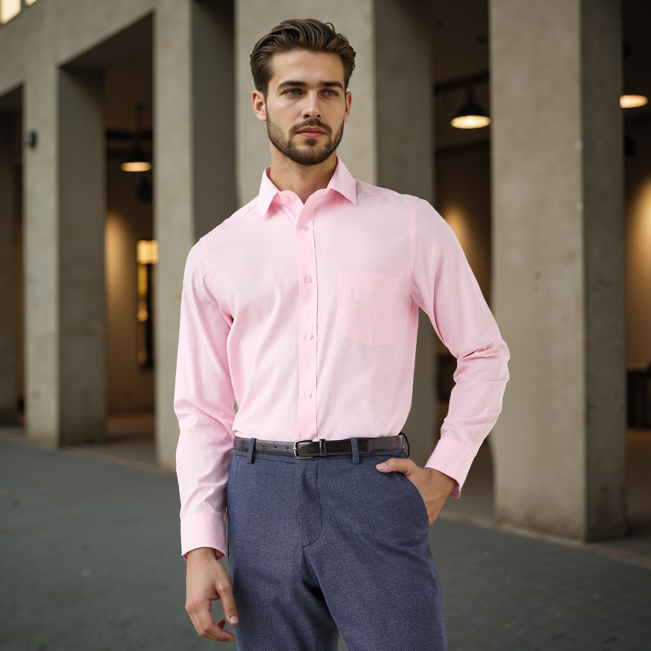 قميص كاروهات بقصة عادية وياقة وجيب على الصدر-men-clothing-shirts-image-1