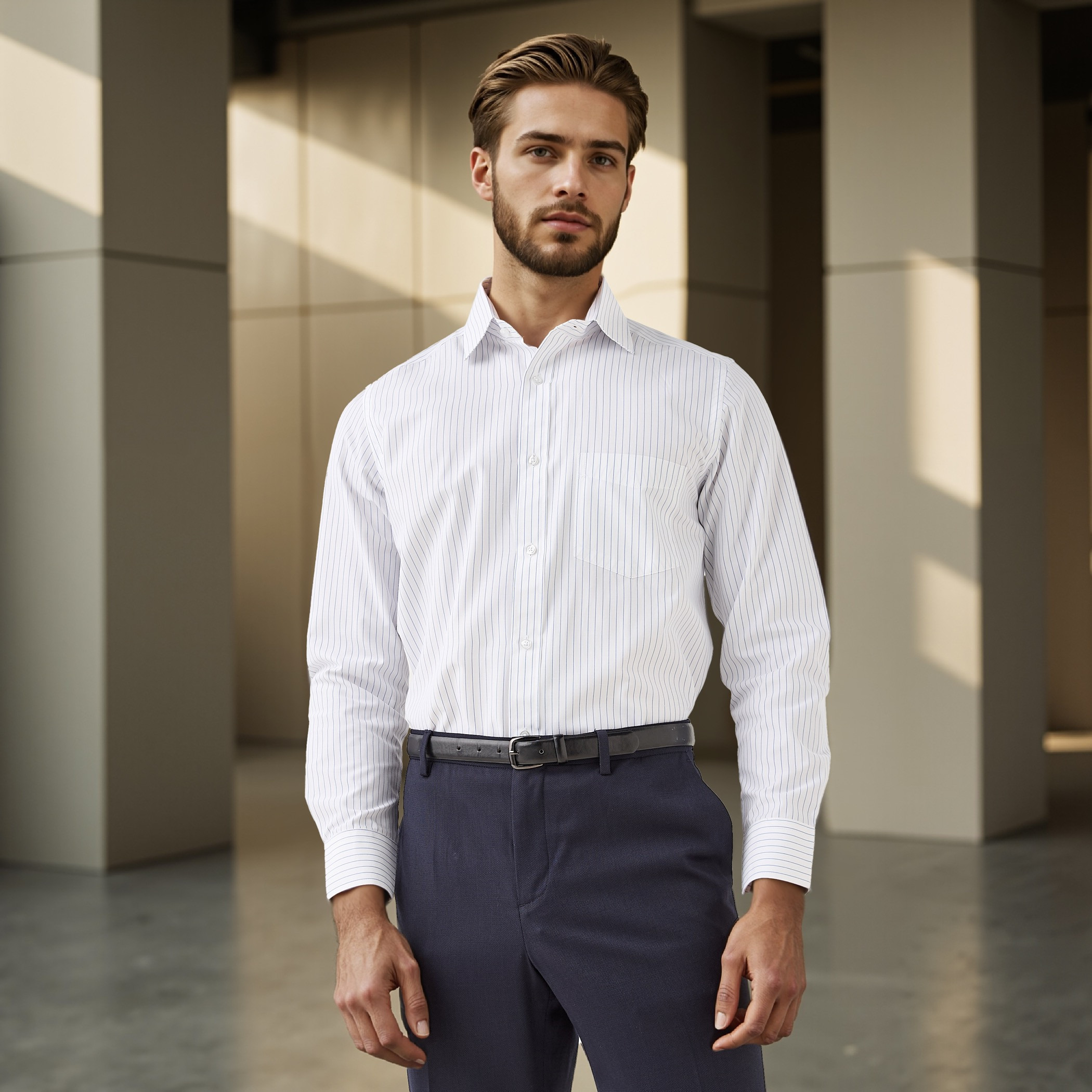 Regular Fit Striped Collared Shirt with Chest Pocket-men-clothing-shirts-image-1