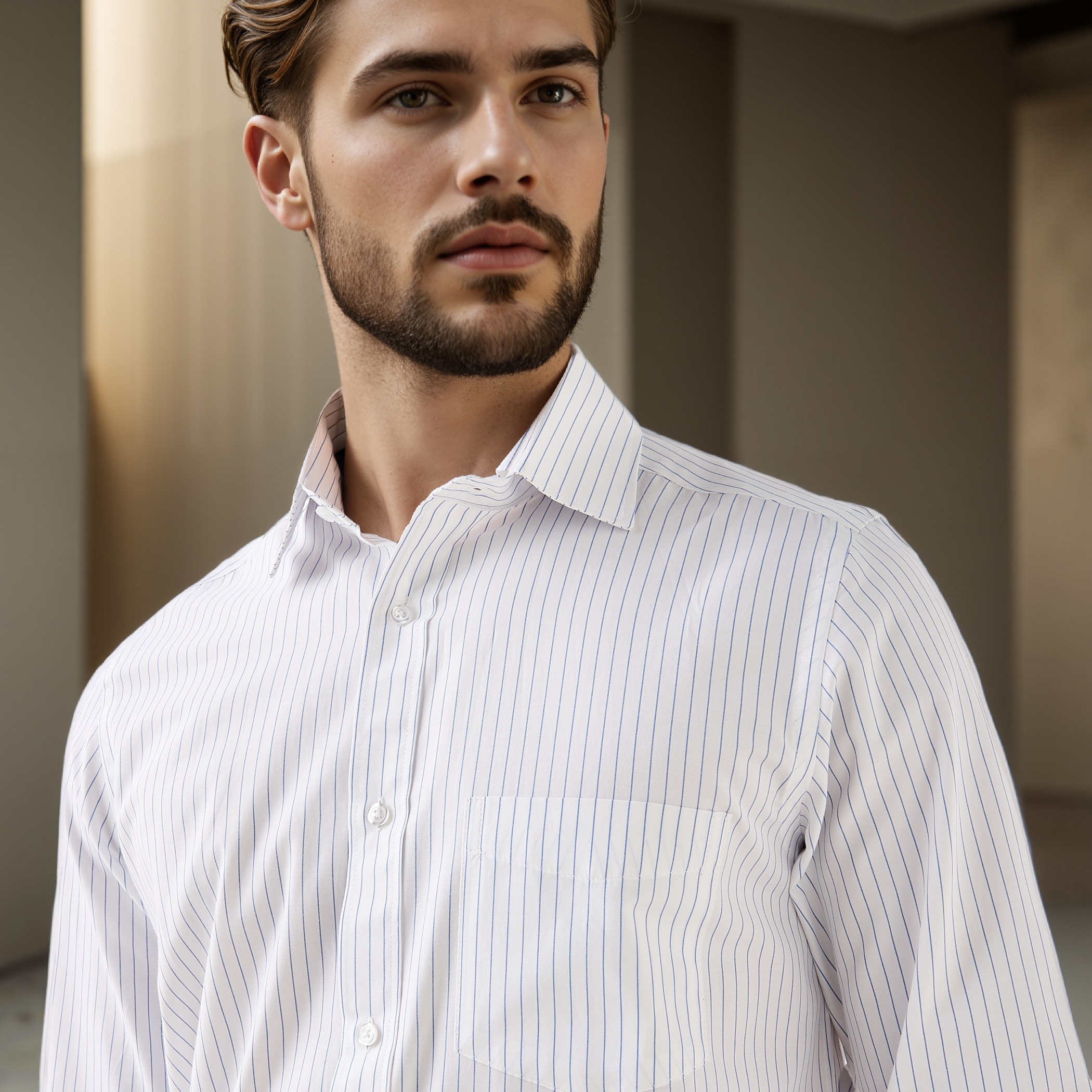 Regular Fit Striped Collared Shirt with Chest Pocket-men-clothing-shirts-image-4