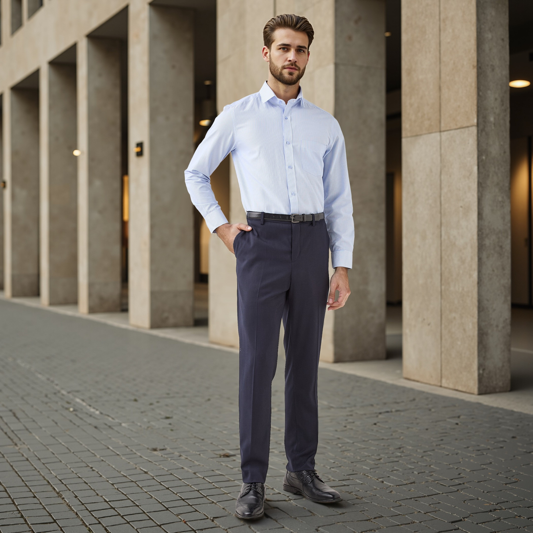 قميص مقلم بقصة عادية وياقة وجيب على الصدر-men-clothing-shirts-image-2