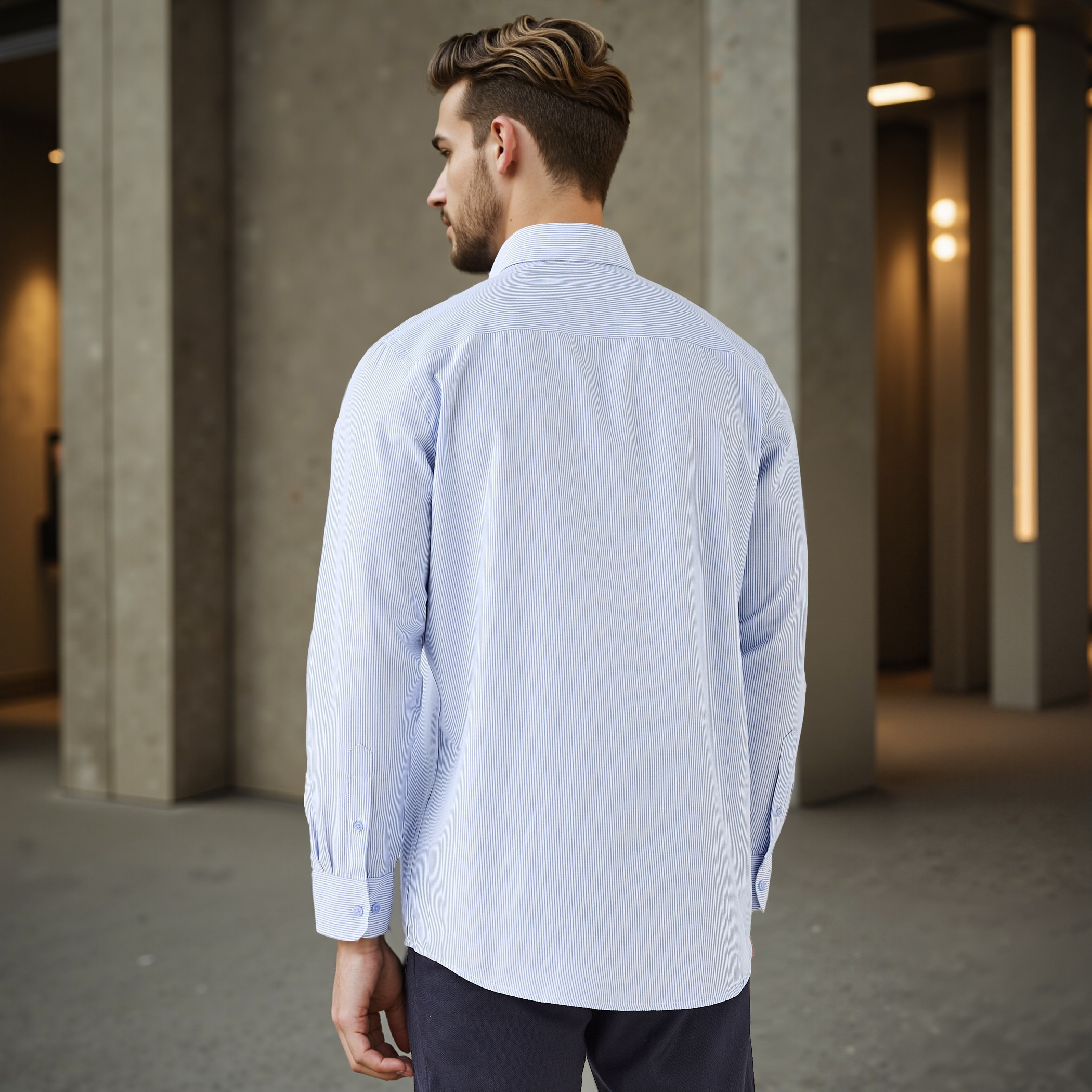 قميص مقلم بقصة عادية وياقة وجيب على الصدر-men-clothing-shirts-image-3
