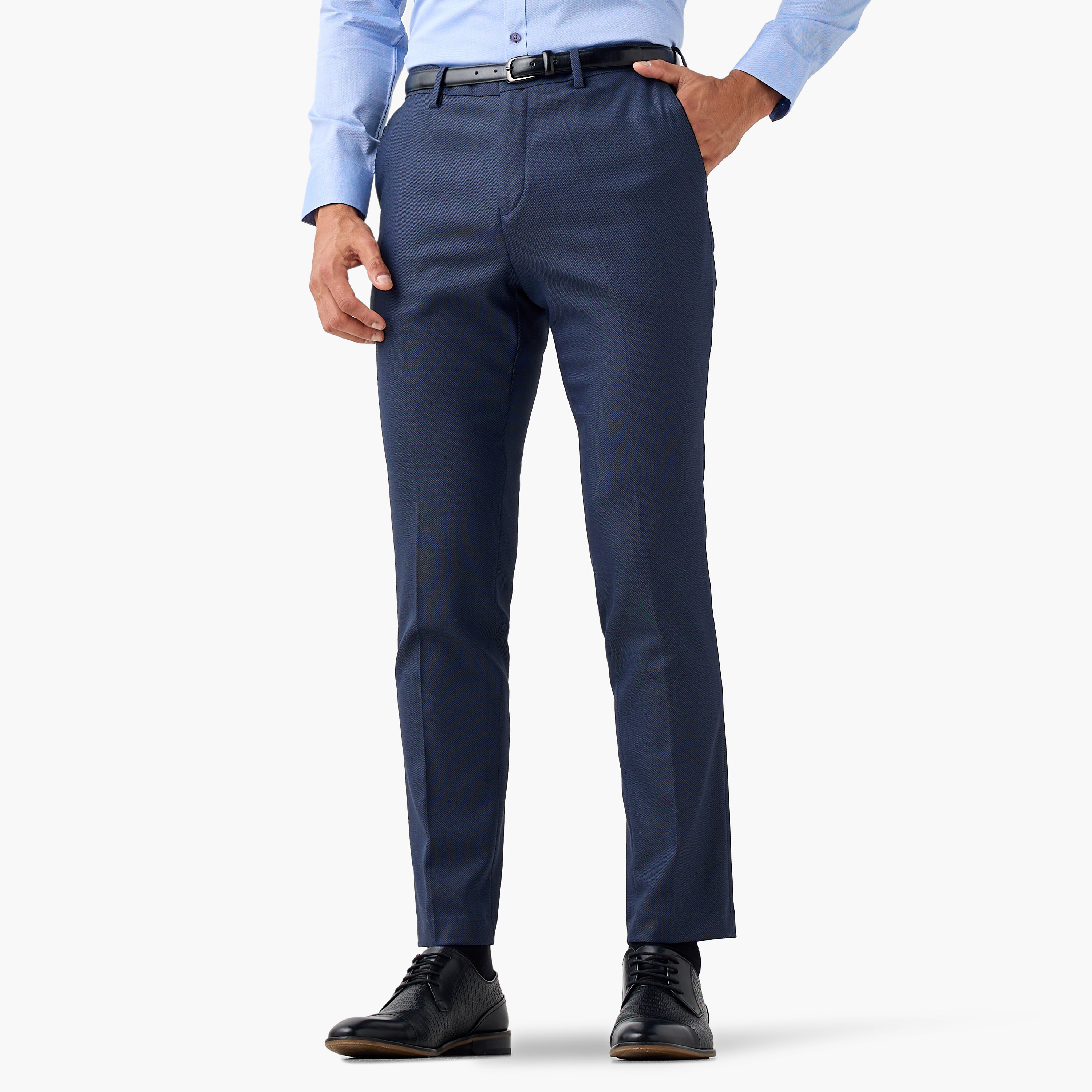 Slim Fit Belted Flexi Waist Formal Trousers with Pockets-men-clothing-bottoms-trousersandchinos-trousers-image-1