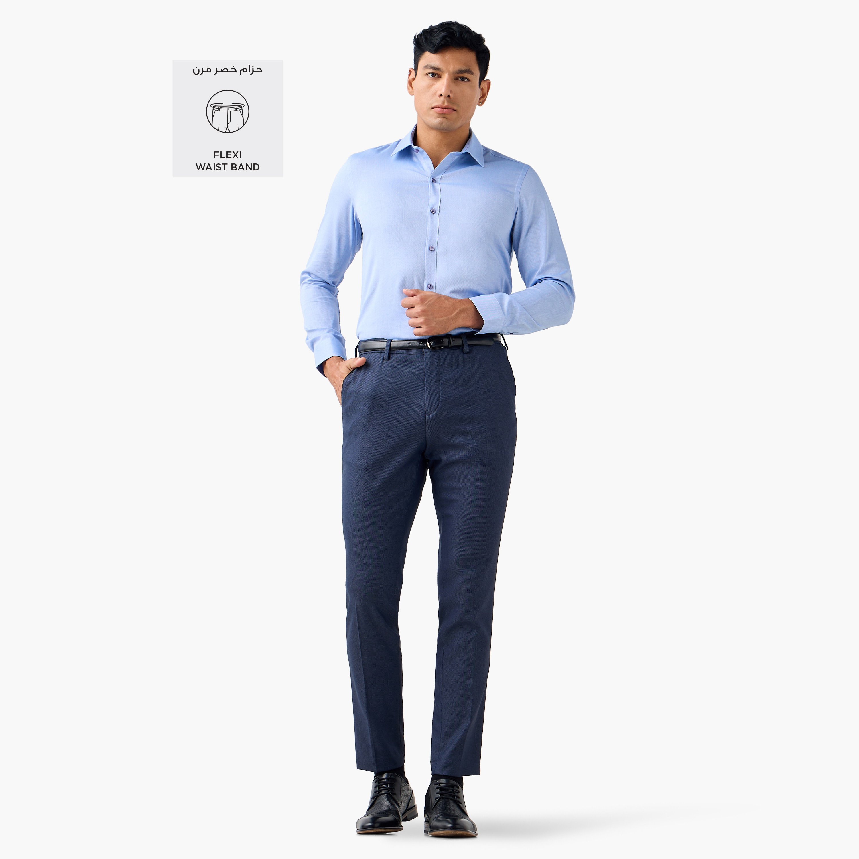 Slim Fit Belted Flexi Waist Formal Trousers with Pockets-men-clothing-bottoms-trousersandchinos-trousers-image-2