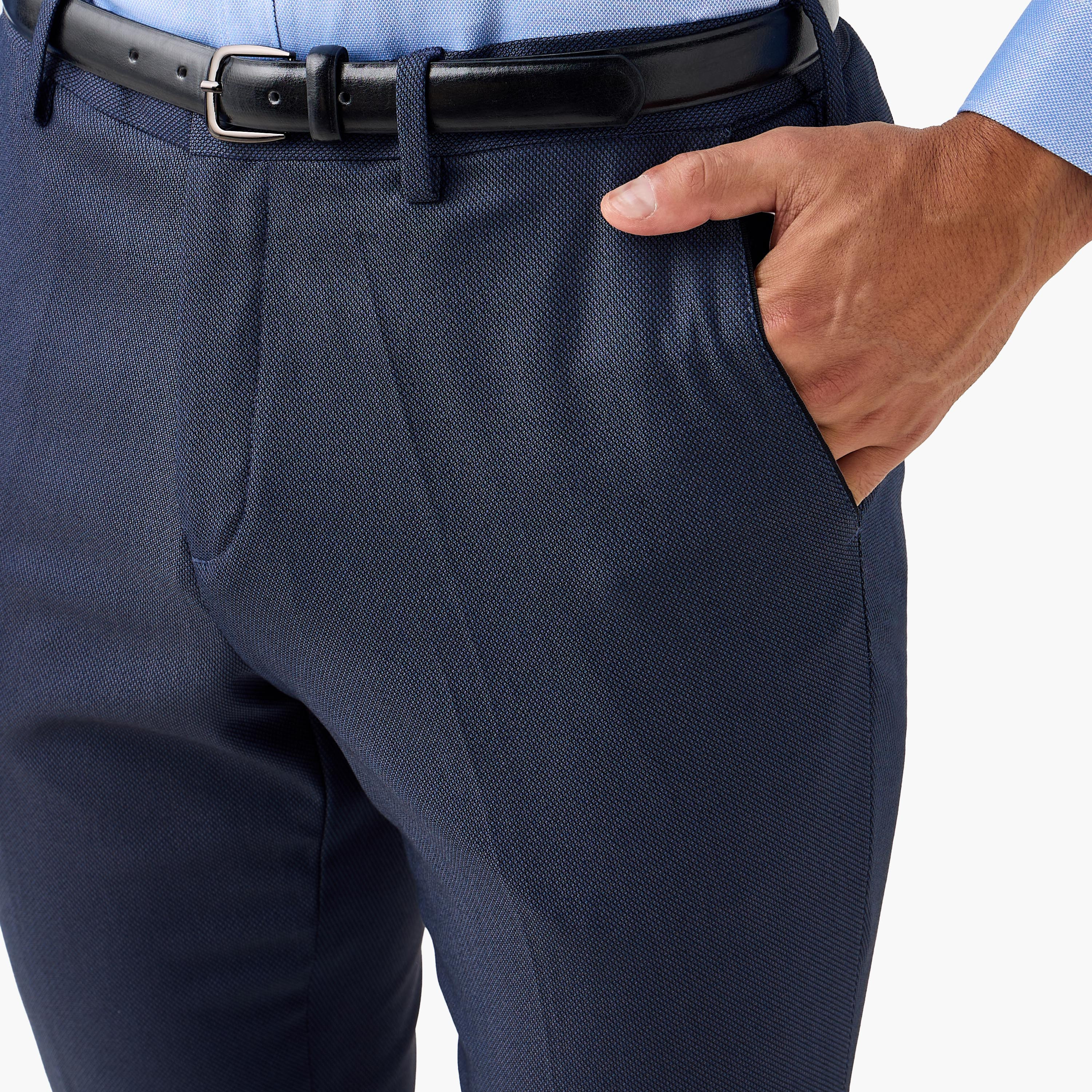 Slim Fit Belted Flexi Waist Formal Trousers with Pockets-men-clothing-bottoms-trousersandchinos-trousers-image-4