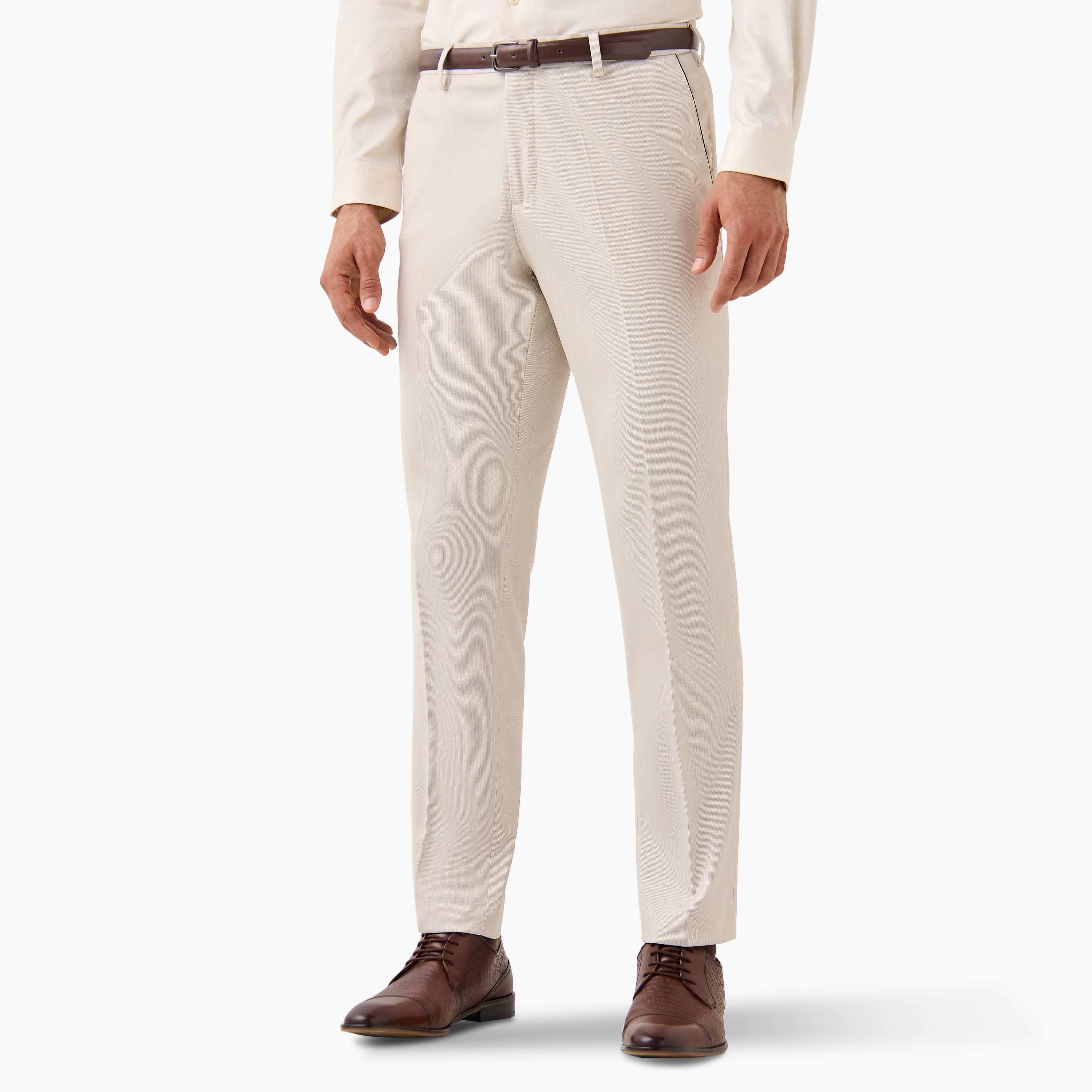 Slim Fit Belted Flexi Waist Formal Trousers with Pockets-men-clothing-bottoms-trousersandchinos-trousers-image-1