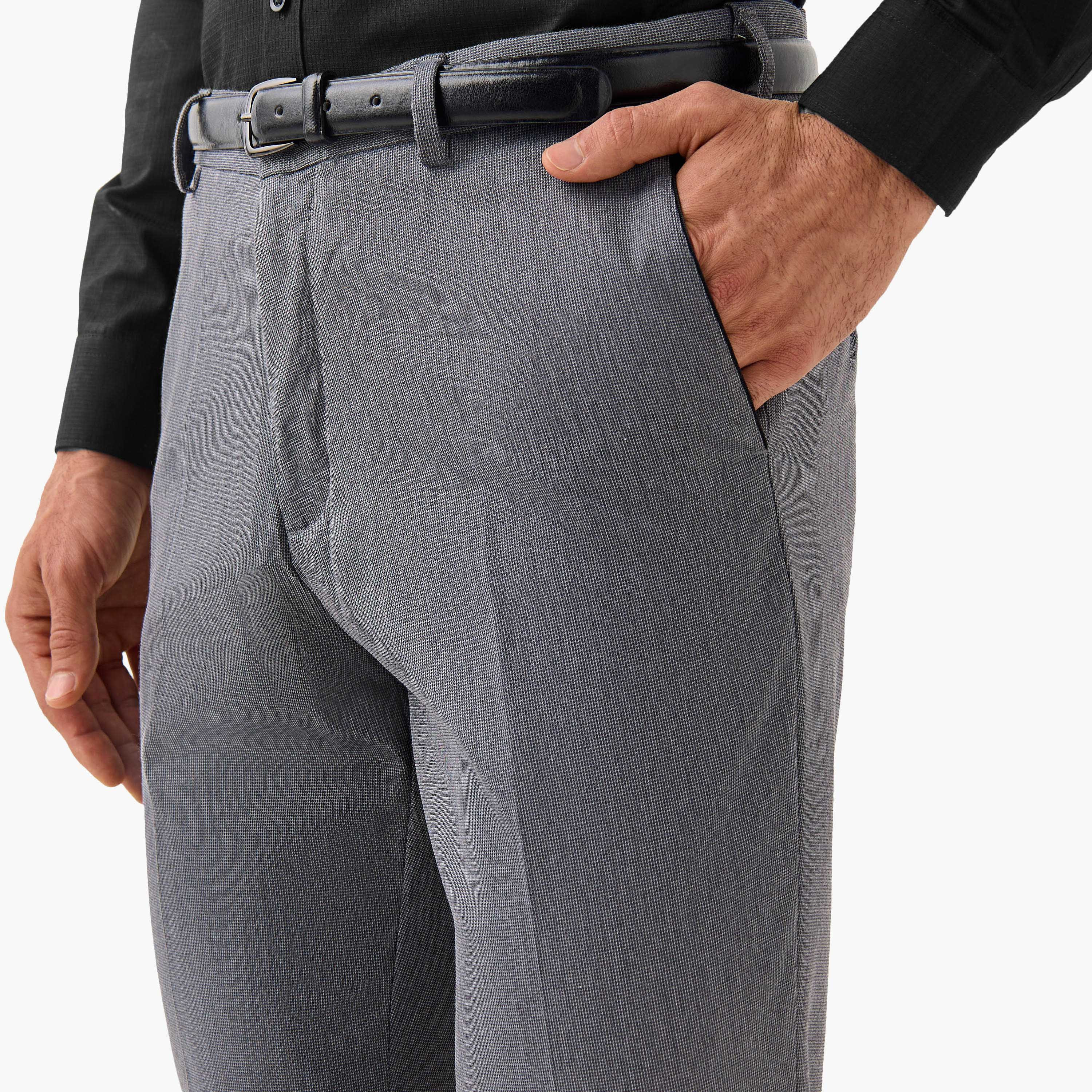 Slim Fit Belted Flexi Waist Formal Trousers with Pockets-men-clothing-bottoms-trousersandchinos-trousers-image-4