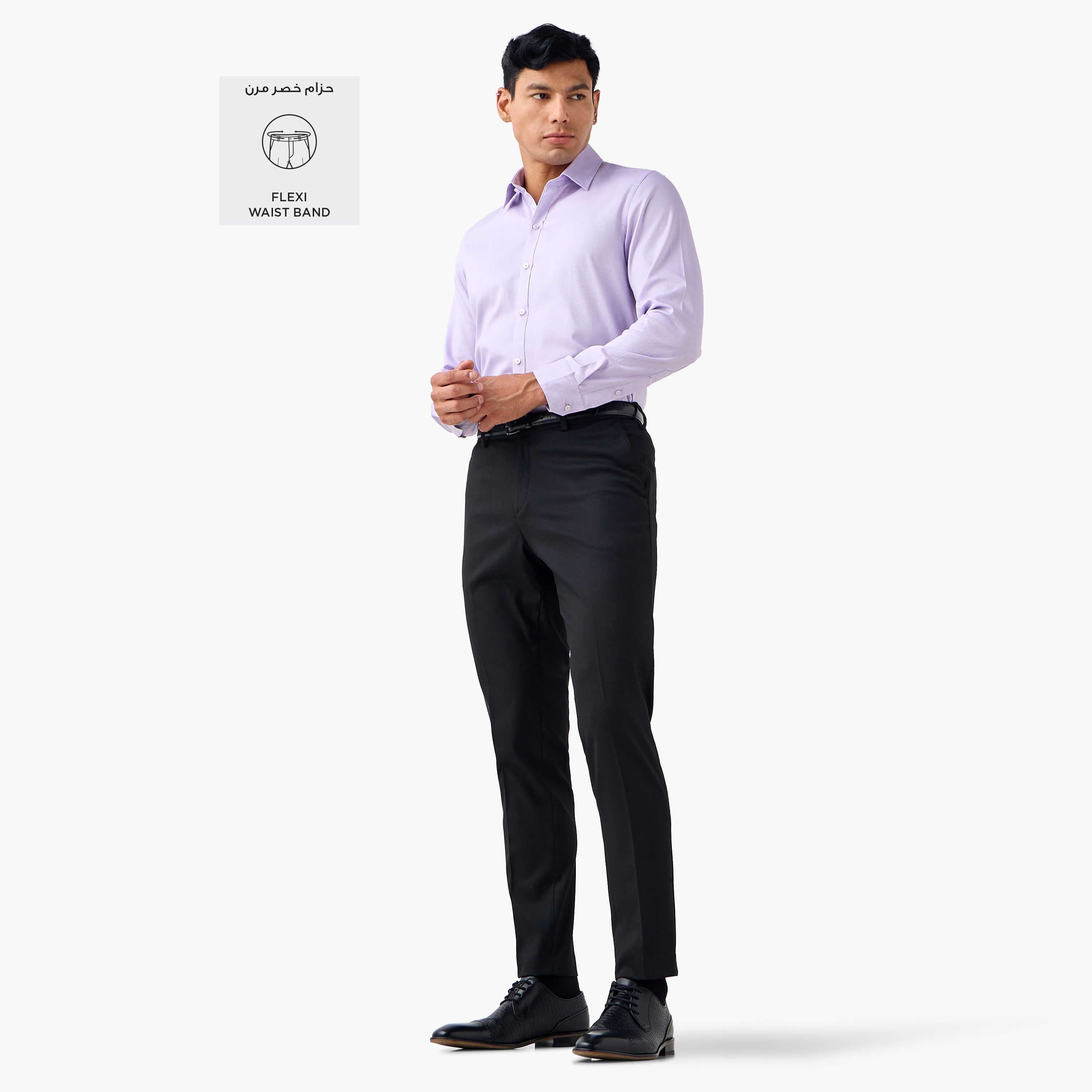 Slim Fit Belted Flexi Waist Formal Trousers with Pockets-men-clothing-bottoms-trousersandchinos-trousers-image-2