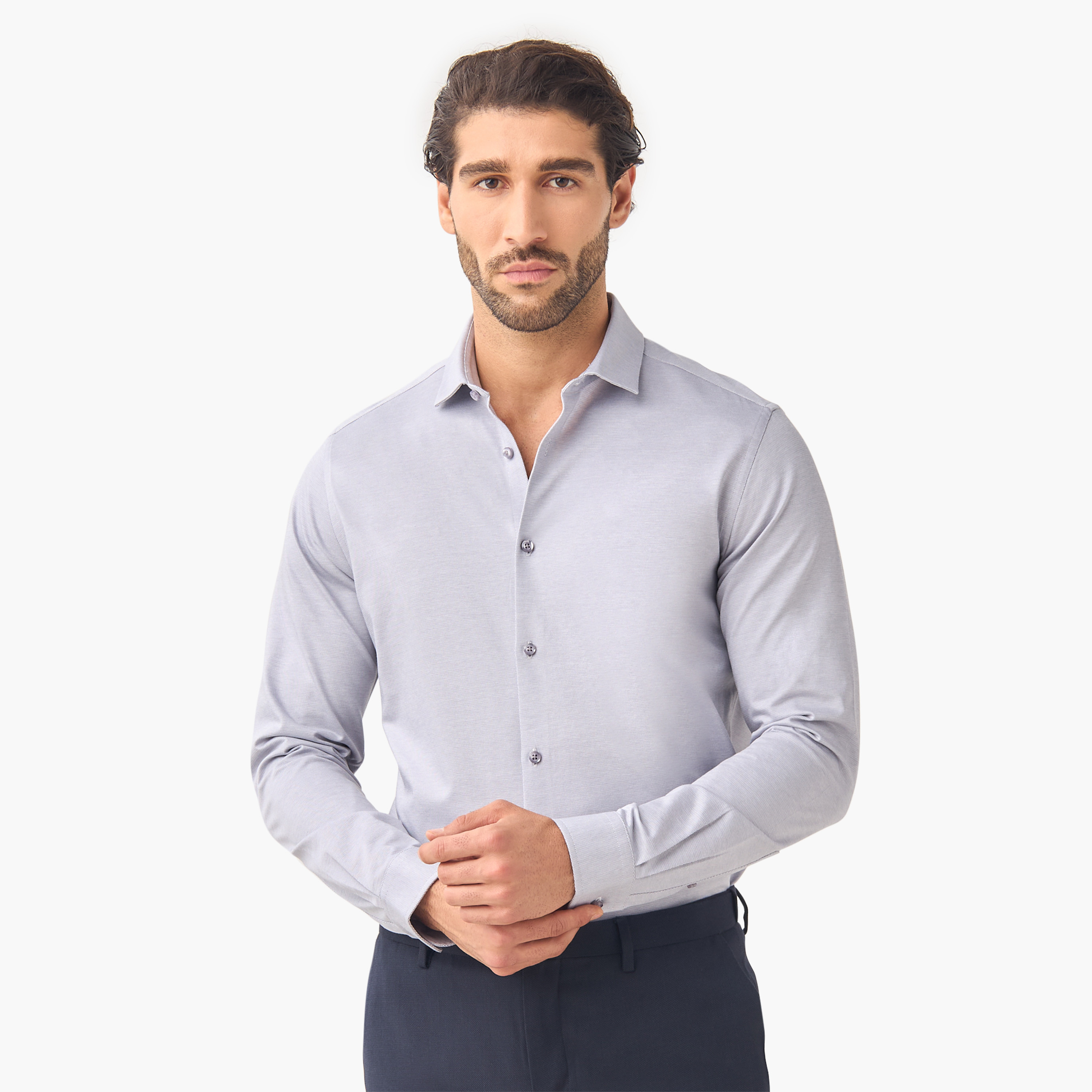 Slim Fit Dobby Shirt with Collar and Long Sleeves-men-clothing-shirts-image-1