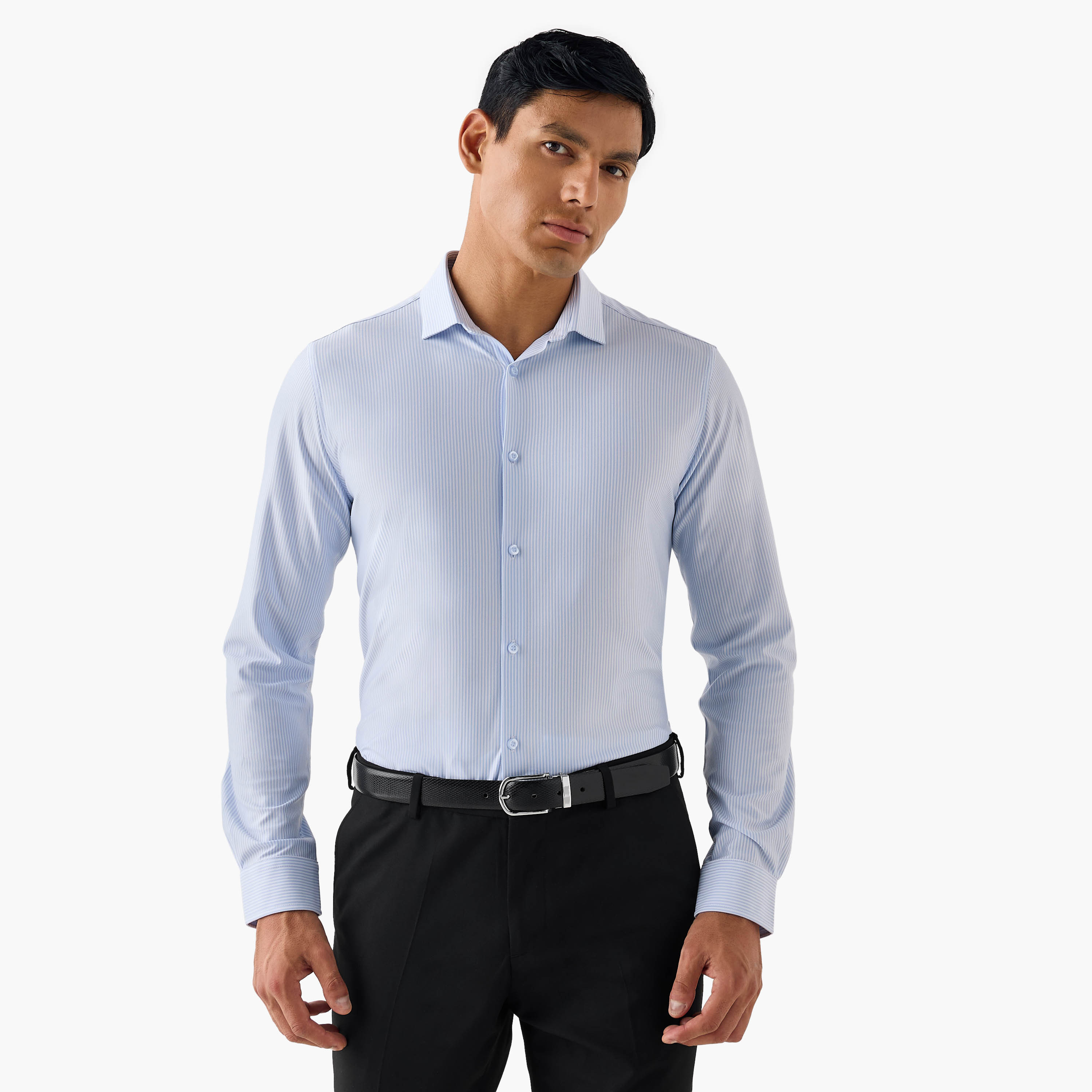 Slim Fit Striped Shirt with Collar-men-clothing-shirts-image-1
